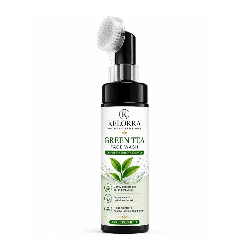 Kelorra Green Tea Face Wash with Soft Silicone Applicator Brush | Daily Facial Cleanser | Refreshing Face Wash for Oily, Combination & Normal Skin | Gentle Cleansing Formula | 150 ml
