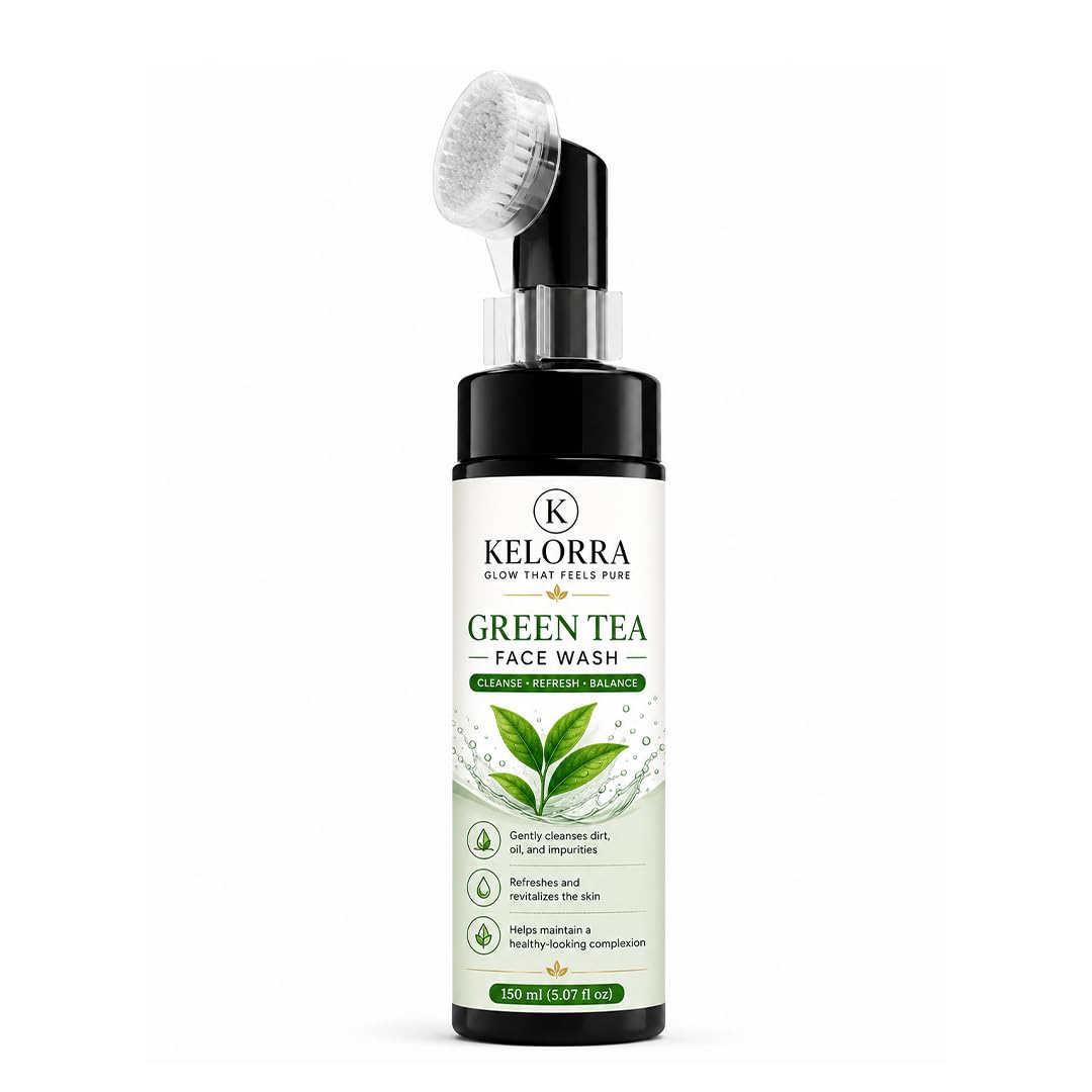 Kelorra Green Tea Face Wash with Soft Silicone Applicator Brush | Daily Facial Cleanser | Refreshing Face Wash for Oily, Combination & Normal Skin | Gentle Cleansing Formula | 150 ml