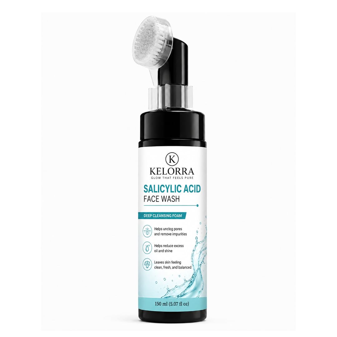 Kelorra 1% Salicylic Acid Face Wash with Soft Silicone Applicator Brush | Deep Cleansing Foam Face Wash | Daily Facial Cleanser for Oily & Combination Skin | 150 ml
