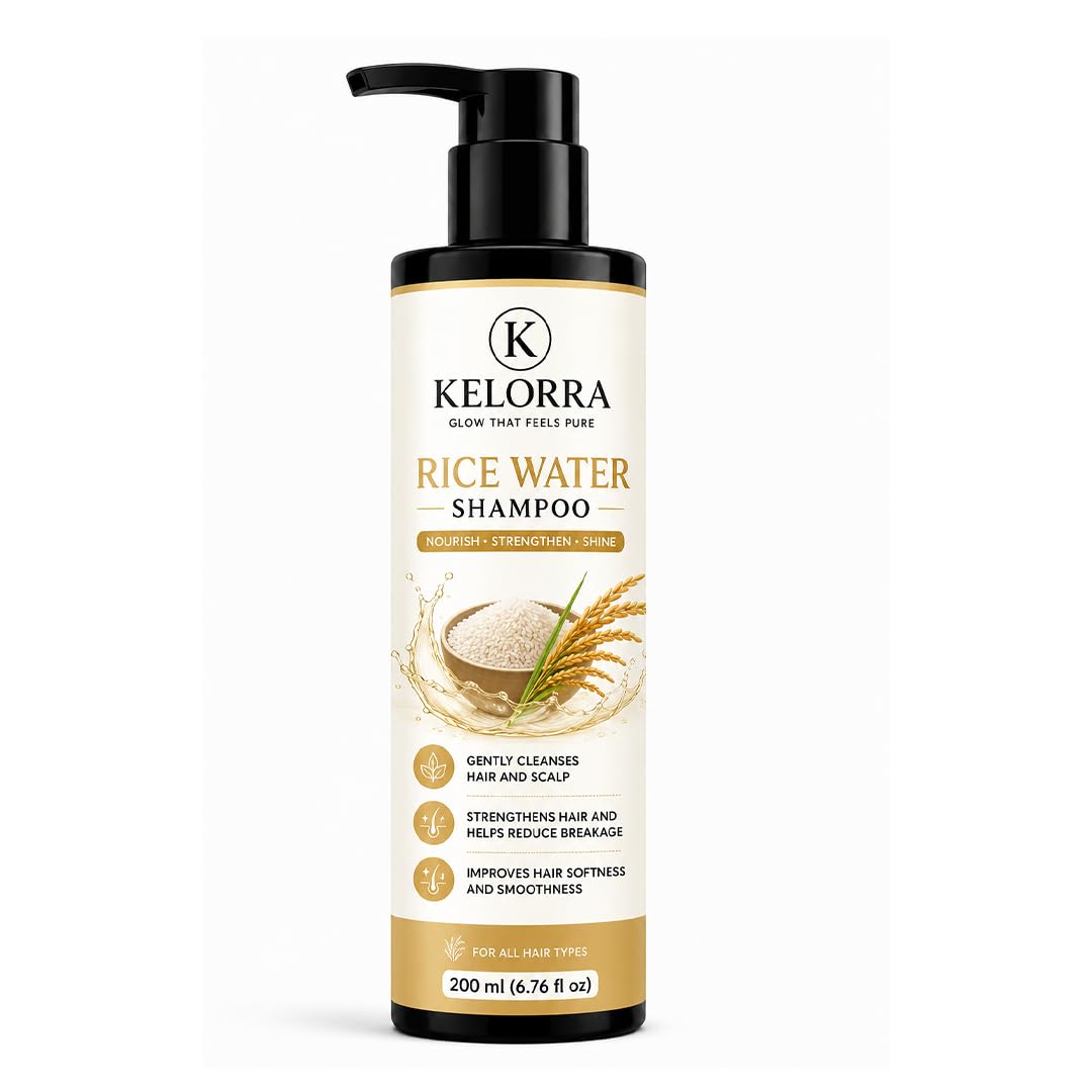 Kelorra Rice Water Shampoo | Daily Hair Cleansing Shampoo with Rice Water | Gentle Hair & Scalp Cleanser | Suitable for All Hair Types | Pump Bottle | 200 ml