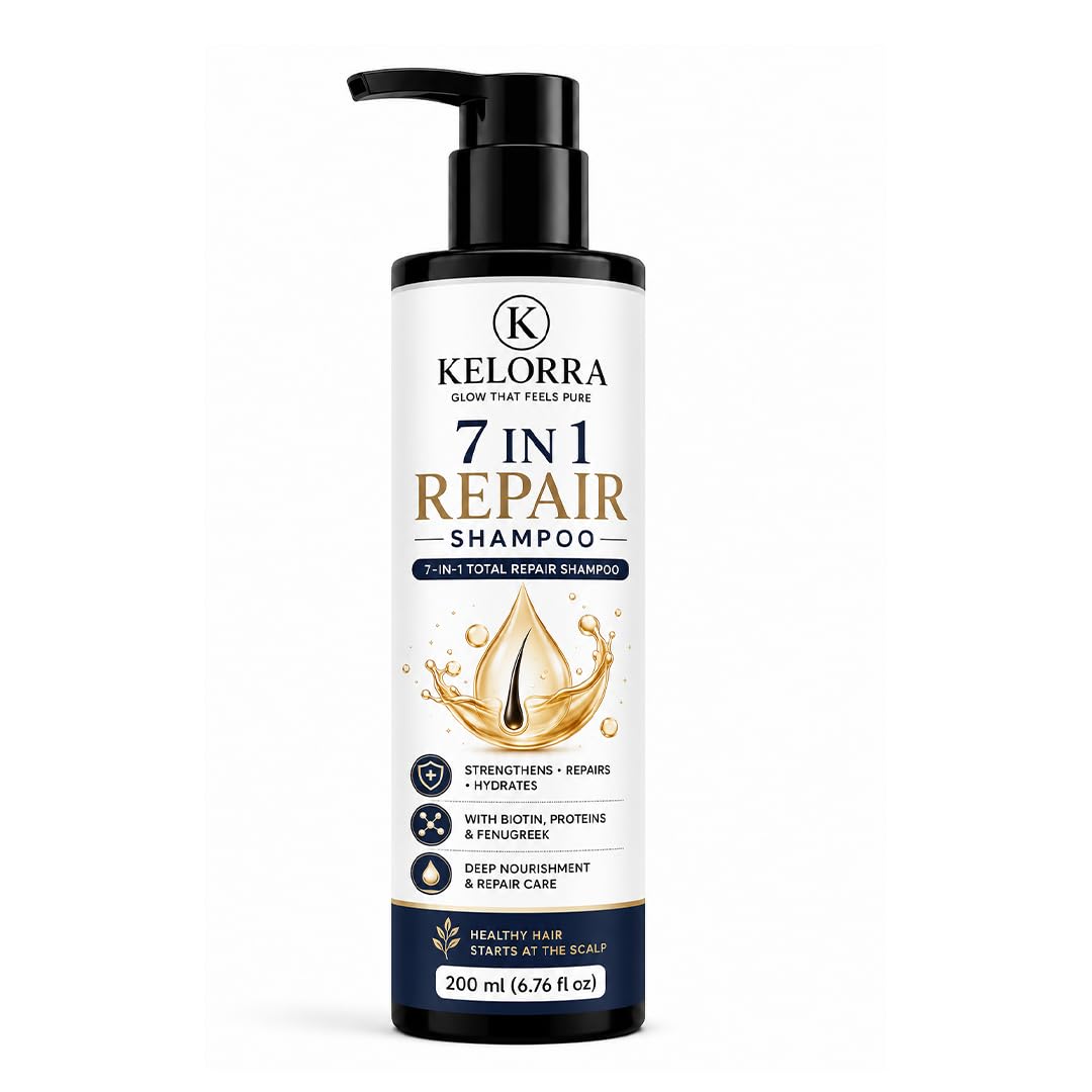 Kelorra 7 in 1 Repair Shampoo with Biotin, Proteins & Fenugreek | Daily Hair Cleansing Shampoo | Suitable for All Hair Types | Pump Bottle | 200 ml
