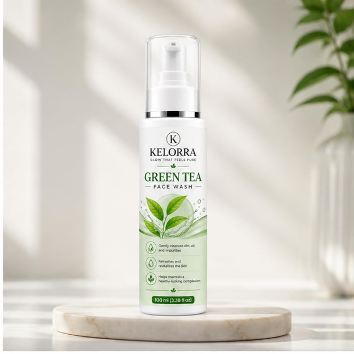Kelorra Green Tea Face Wash | Daily Facial Cleanser with Green Tea | Refreshing Face Wash for Oily, Combination & Normal Skin | Lightweight Cleansing Formula | Pump Bottle | 100 ml