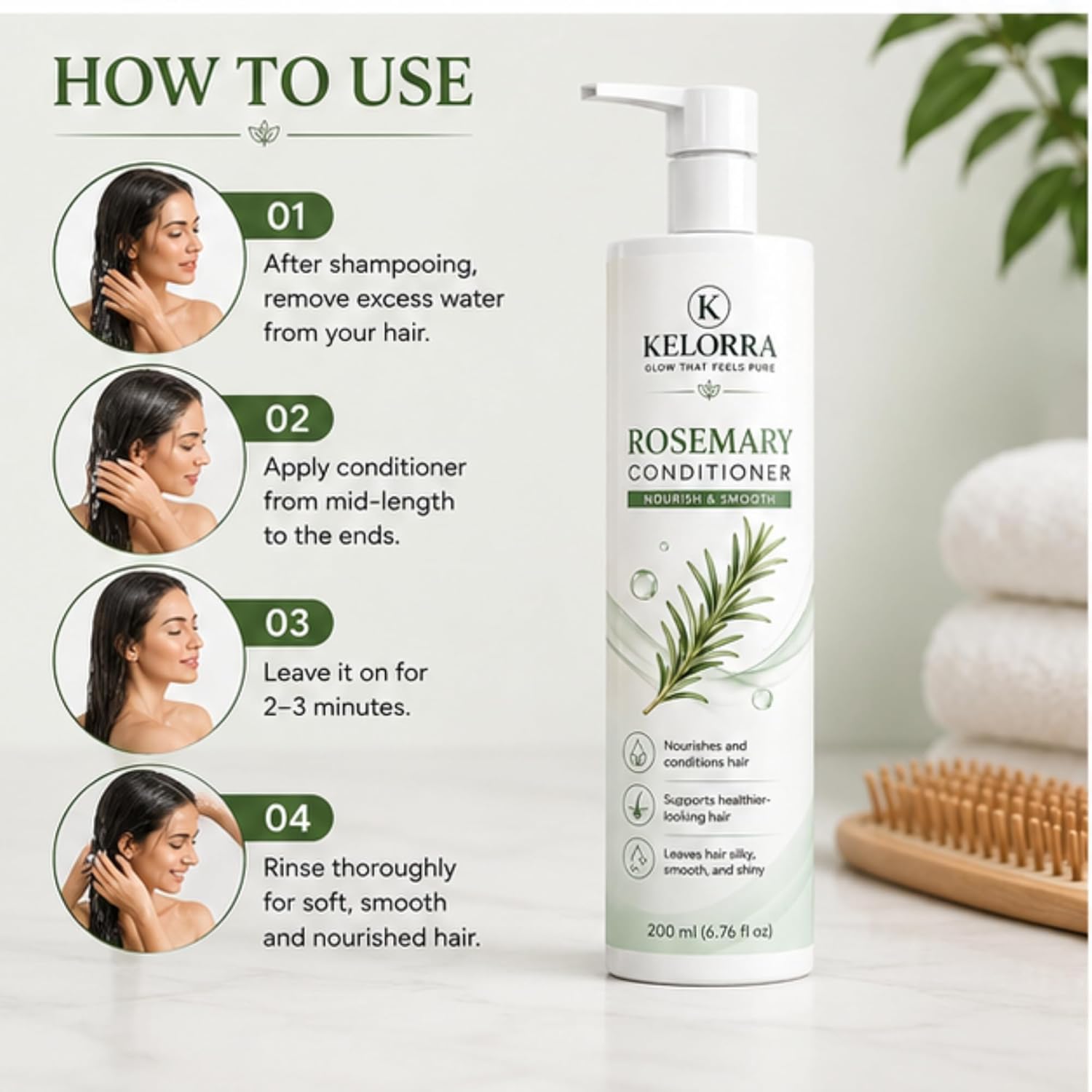 Kelorra Rosemary Conditioner | Daily Hair Conditioner with Rosemary | Smooth & Manageable Hair Care Formula | Suitable for All Hair Types | Lightweight Conditioning Formula | Pump Bottle | 200 ml