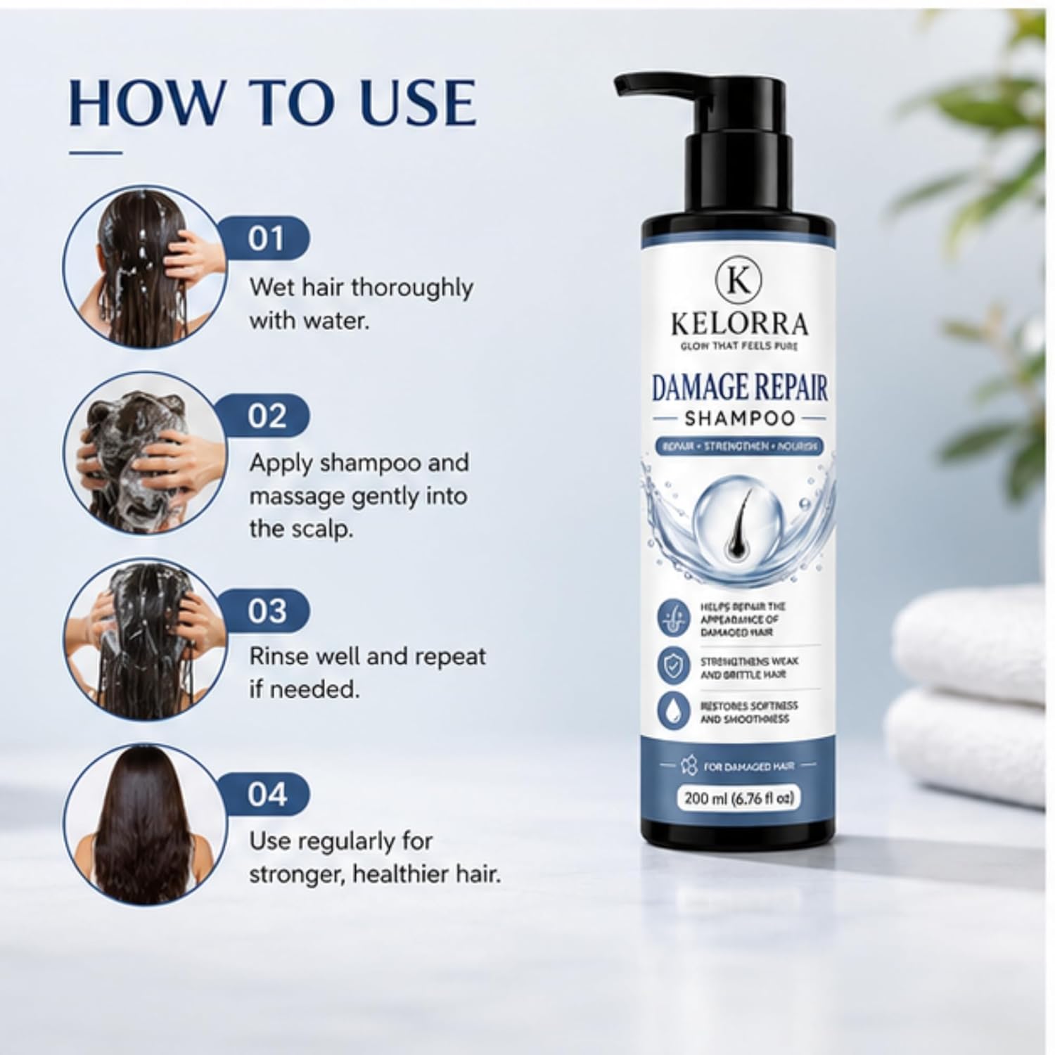 Kelorra Damage Repair Shampoo | Daily Hair Cleansing Shampoo for Damaged Hair | Lightweight Nourishing Formula | Suitable for All Hair Types | Pump Bottle | 200 ml