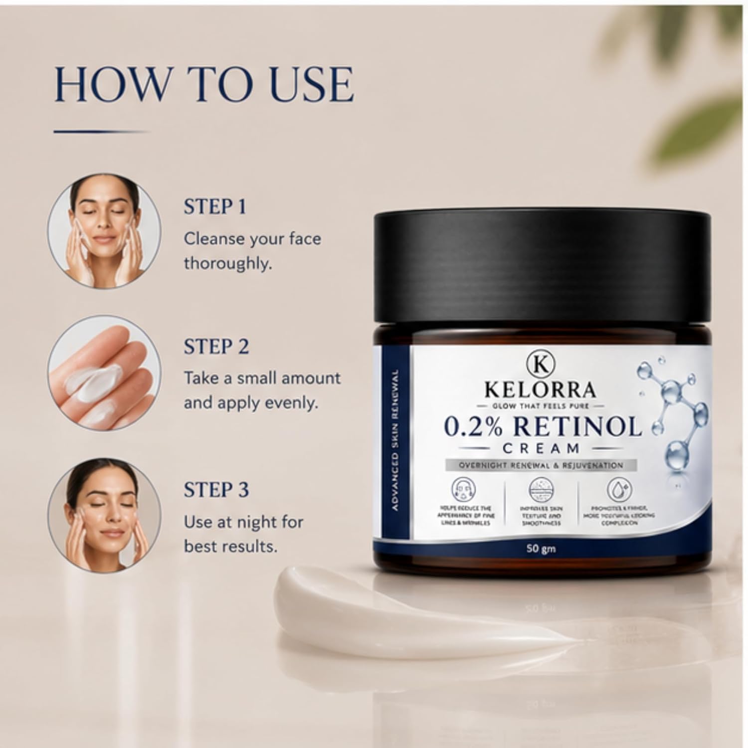 Kelorra 0.2% Retinol Cream | Overnight Face Cream for Daily Nighttime Skincare Routine | Lightweight Moisturizing Formula | Suitable for All Skin Types | 50 gm