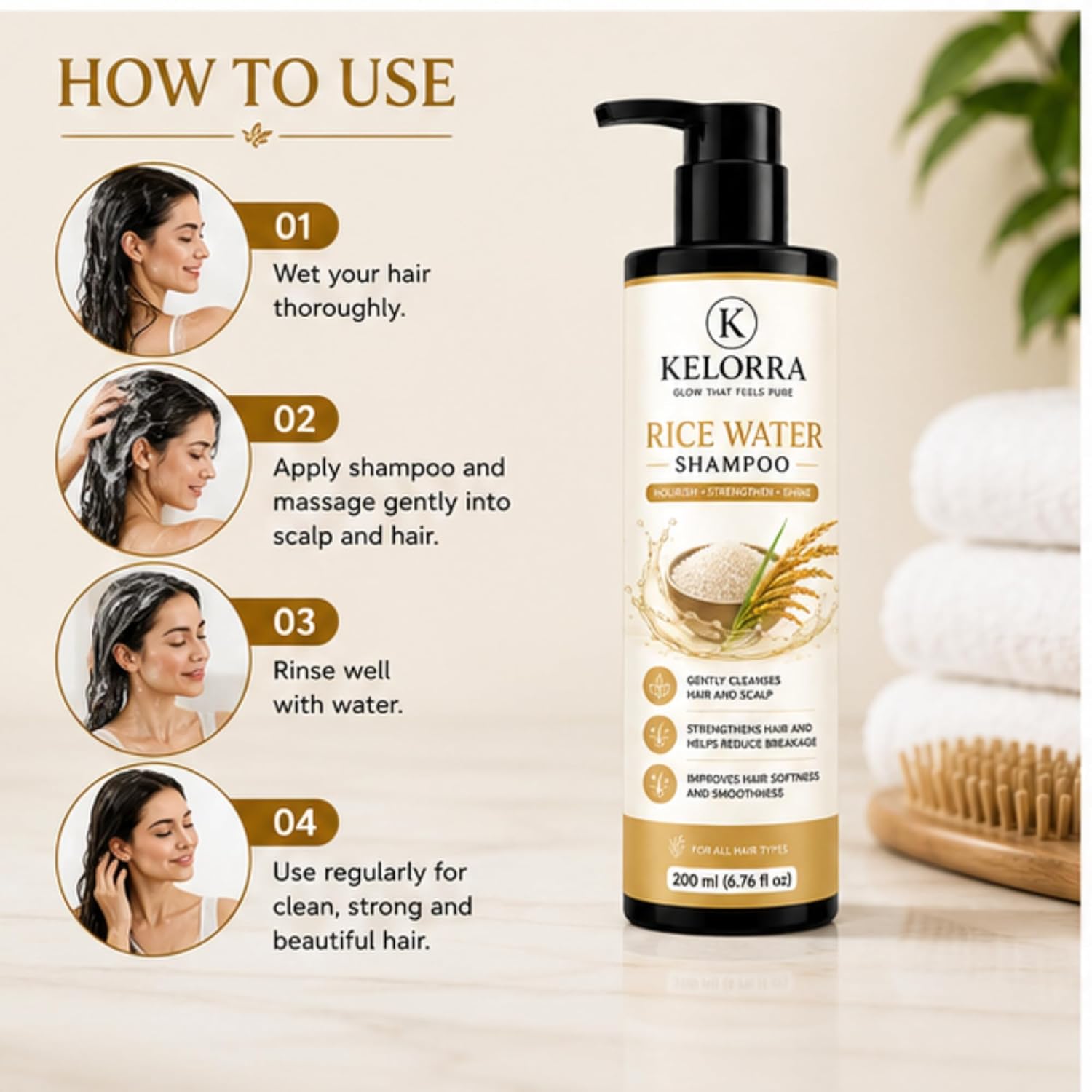 Kelorra Rice Water Shampoo | Daily Hair Cleansing Shampoo with Rice Water | Gentle Hair & Scalp Cleanser | Suitable for All Hair Types | Pump Bottle | 200 ml