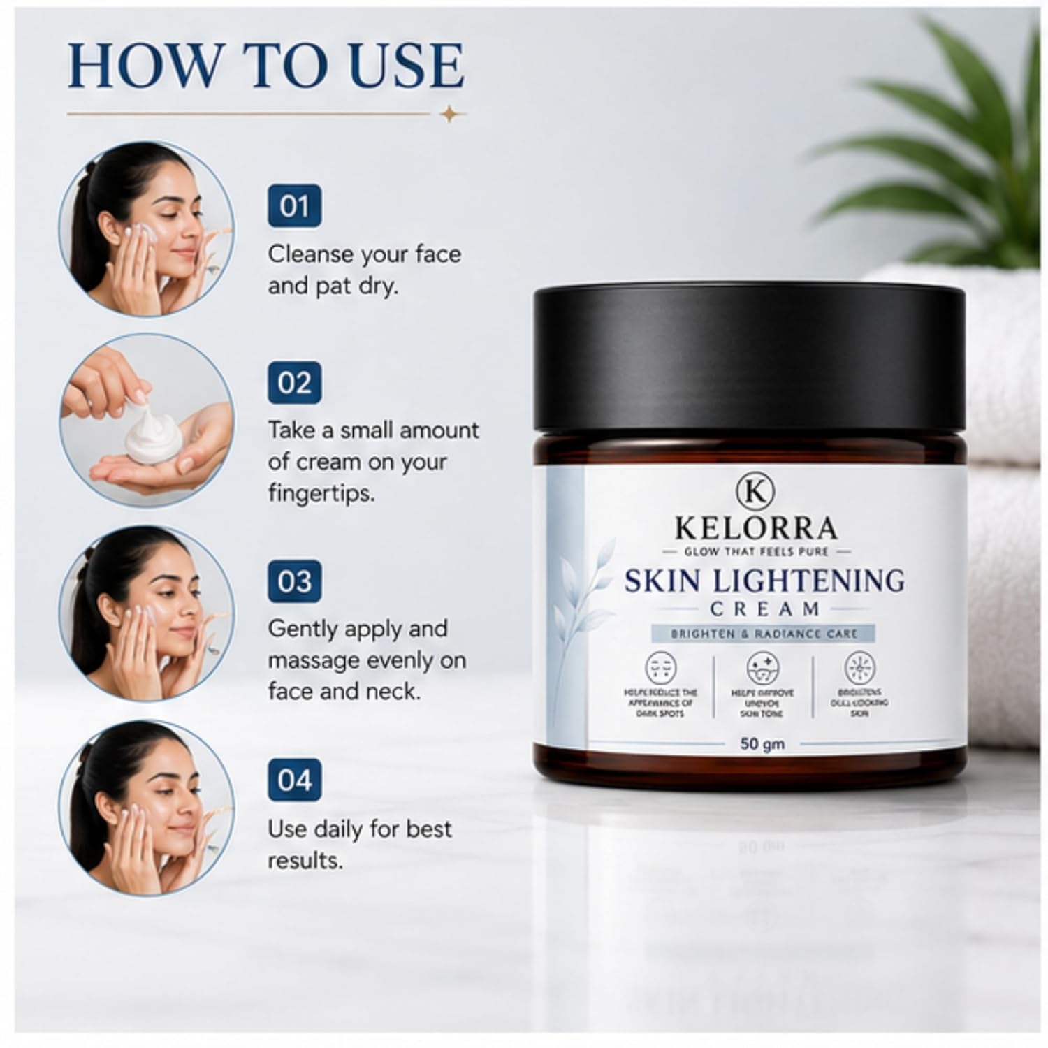 Kelorra Skin Lightening Cream | Daily Moisturizing Face Cream for Uneven Skin Tone | Brightening & Radiance Care Cream | Lightweight Hydrating Formula | For All Skin Types | 50 gm