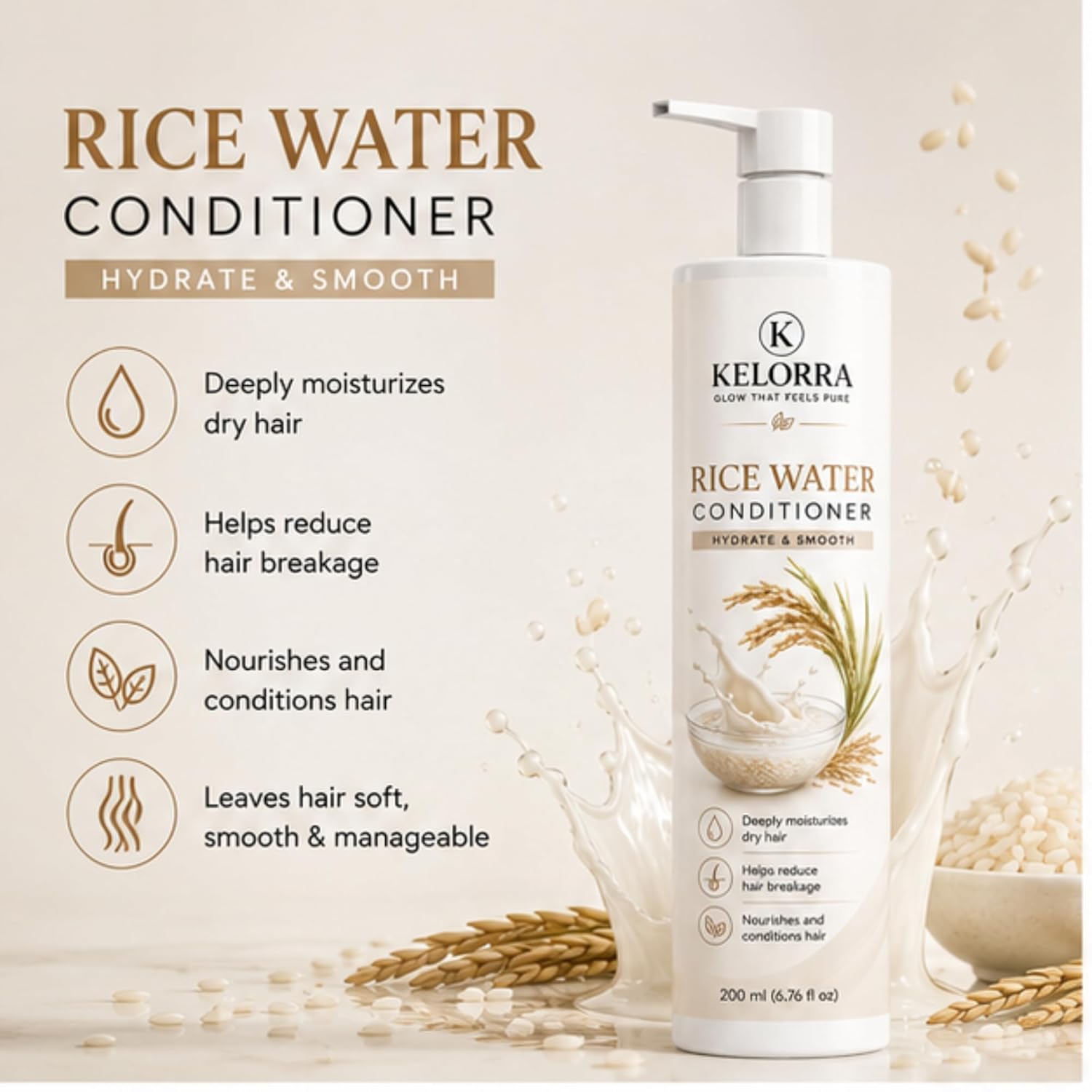 Kelorra Rice Water Conditioner | Daily Hair Conditioner for Smooth & Manageable Hair | Lightweight Conditioning Formula | Suitable for All Hair Types | Pump Bottle | 200 ml