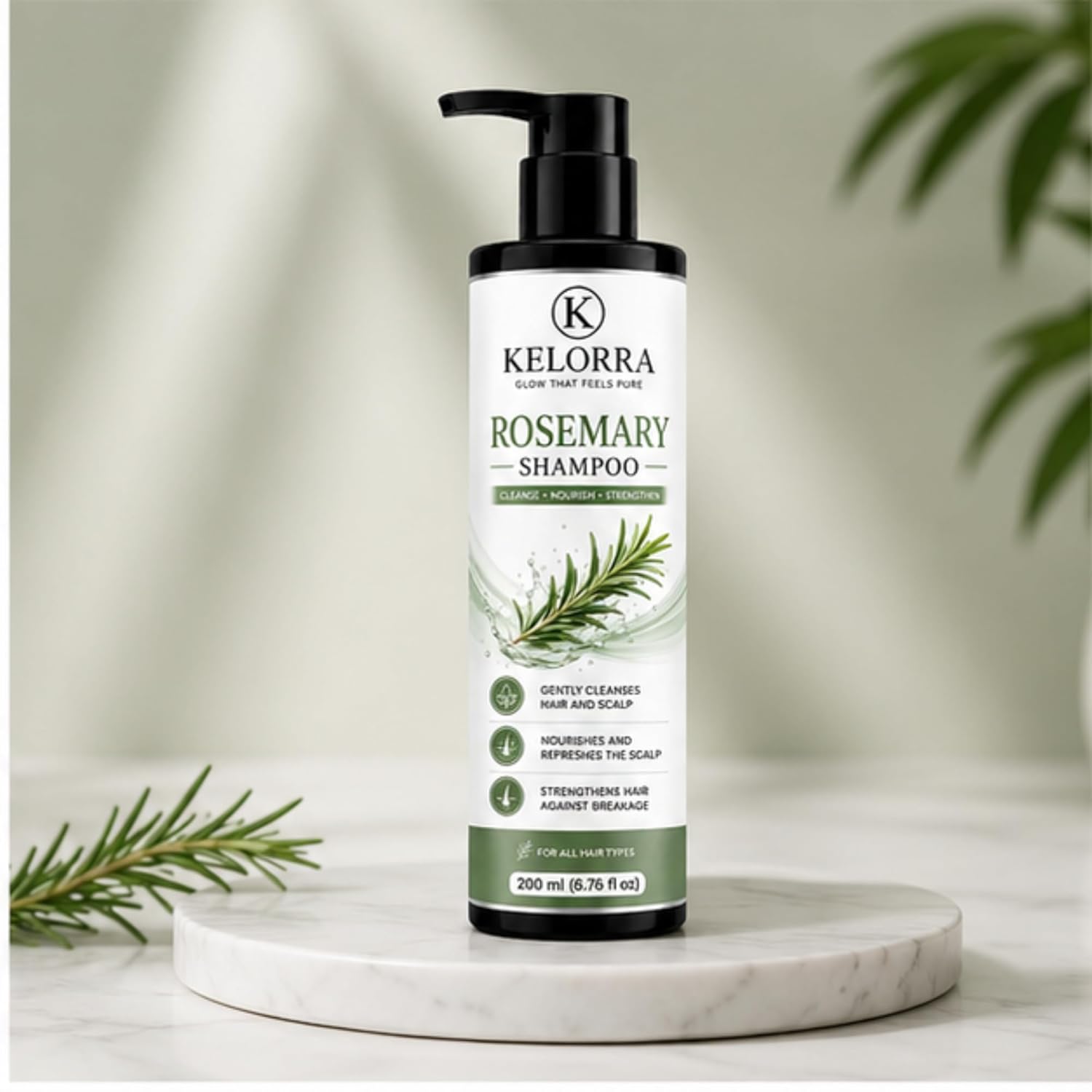 Kelorra Rosemary Shampoo | Daily Hair Cleansing Shampoo with Rosemary | Refreshing Hair & Scalp Care Formula | Suitable for All Hair Types | Pump Bottle | 200 ml
