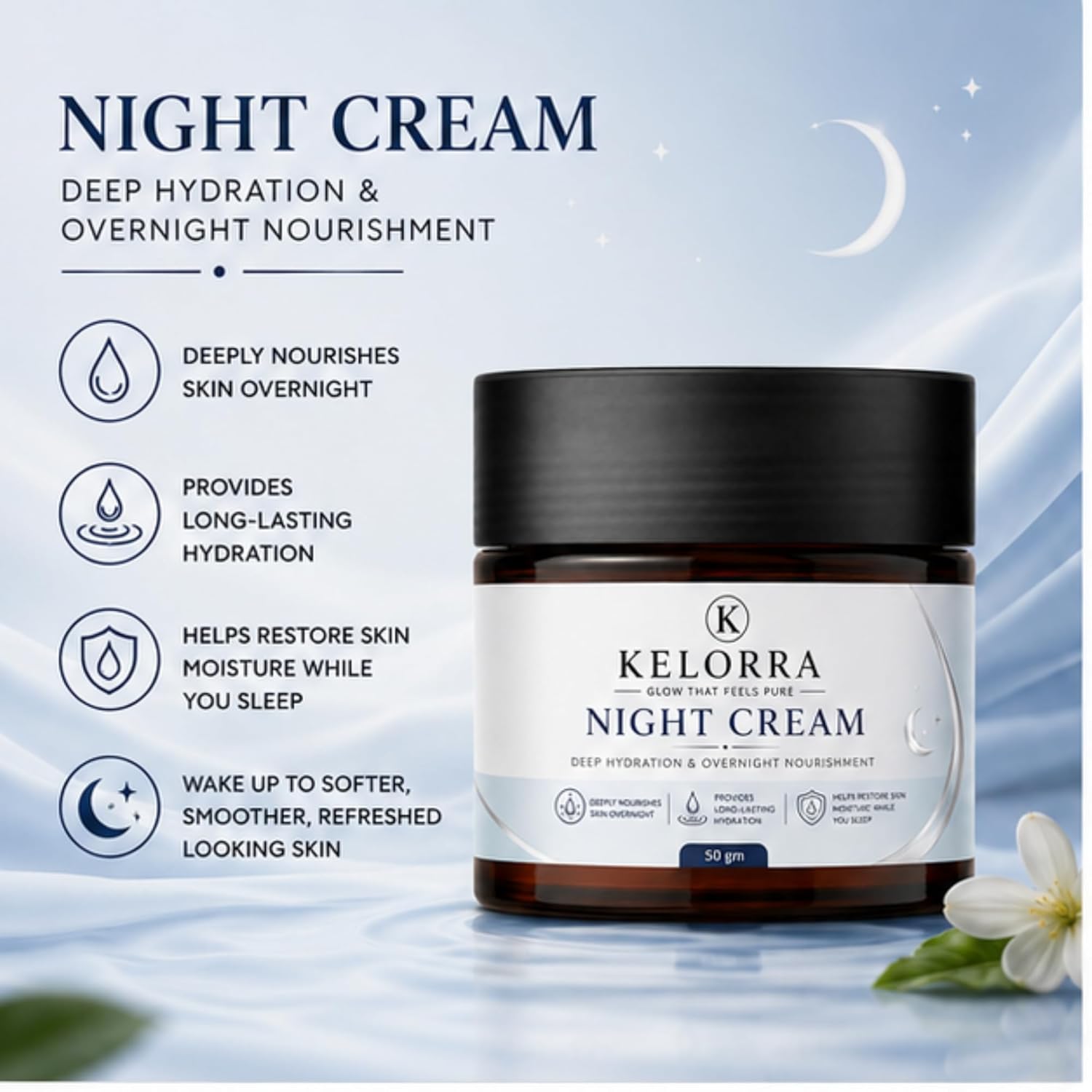 Kelorra Night Cream | Overnight Facial Moisturizer for Daily Skincare | Lightweight Nourishing Face Cream | Suitable for All Skin Types | Night Care Cream | 50 gm