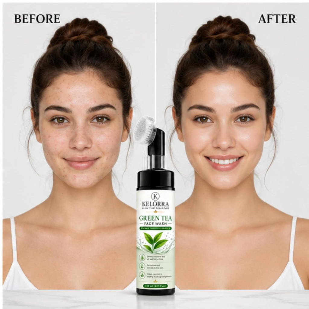 Kelorra Green Tea Face Wash with Soft Silicone Applicator Brush | Daily Facial Cleanser | Refreshing Face Wash for Oily, Combination & Normal Skin | Gentle Cleansing Formula | 150 ml