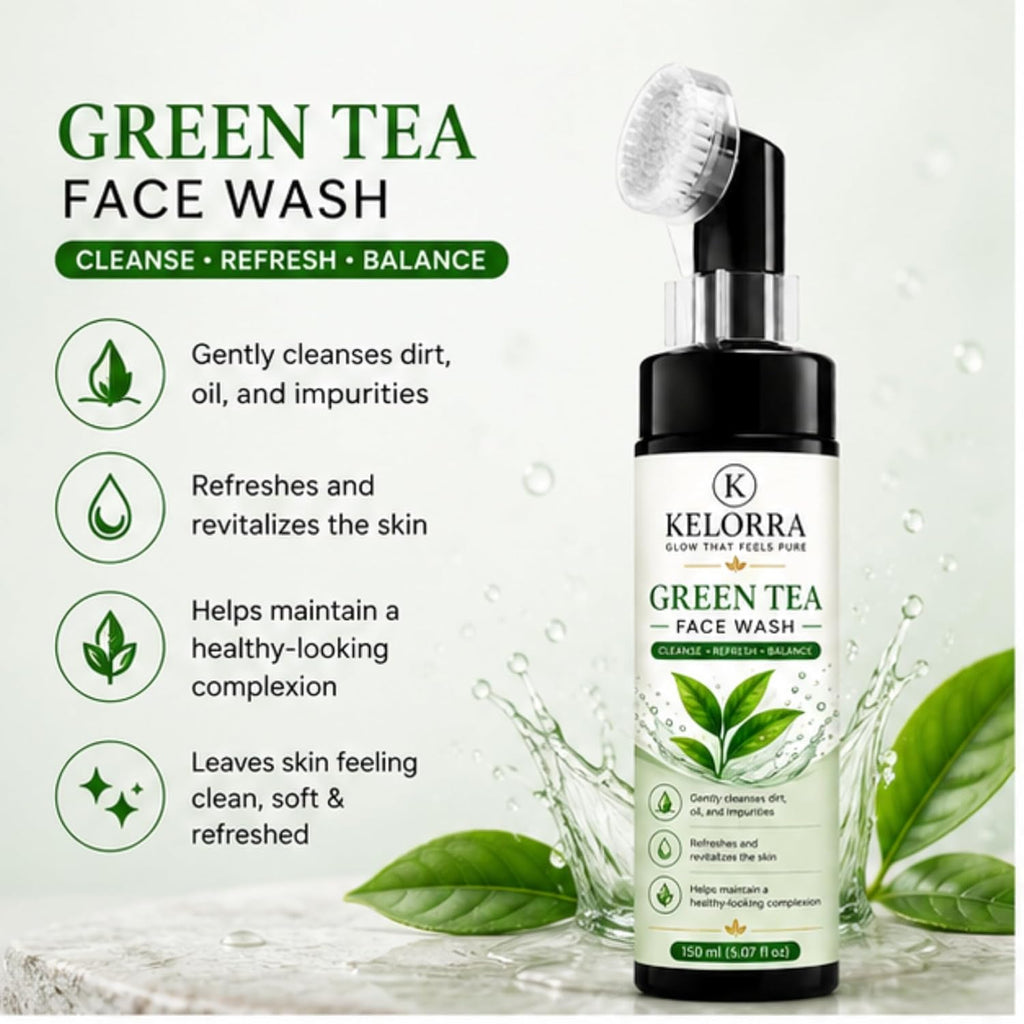 Kelorra Green Tea Face Wash with Soft Silicone Applicator Brush | Daily Facial Cleanser | Refreshing Face Wash for Oily, Combination & Normal Skin | Gentle Cleansing Formula | 150 ml