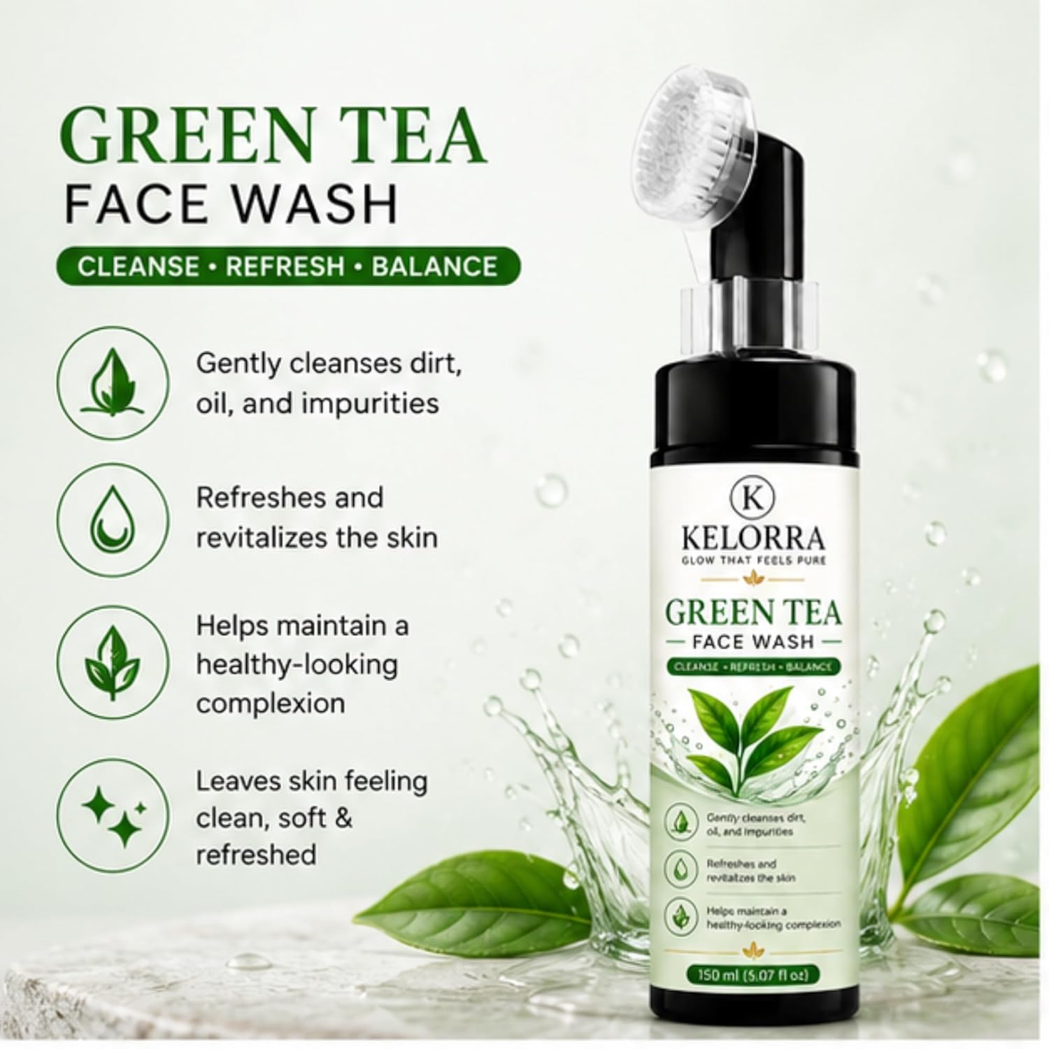 Kelorra Green Tea Face Wash with Soft Silicone Applicator Brush | Daily Facial Cleanser | Refreshing Face Wash for Oily, Combination & Normal Skin | Gentle Cleansing Formula | 150 ml