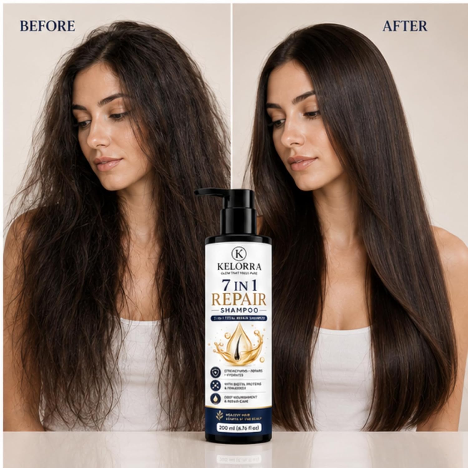 Kelorra 7 in 1 Repair Shampoo with Biotin, Proteins & Fenugreek | Daily Hair Cleansing Shampoo | Suitable for All Hair Types | Pump Bottle | 200 ml
