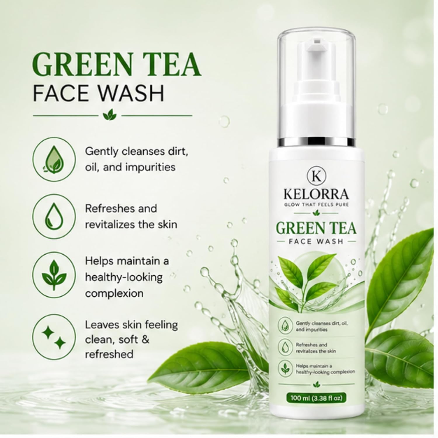 Kelorra Green Tea Face Wash | Daily Facial Cleanser with Green Tea | Refreshing Face Wash for Oily, Combination & Normal Skin | Lightweight Cleansing Formula | Pump Bottle | 100 ml