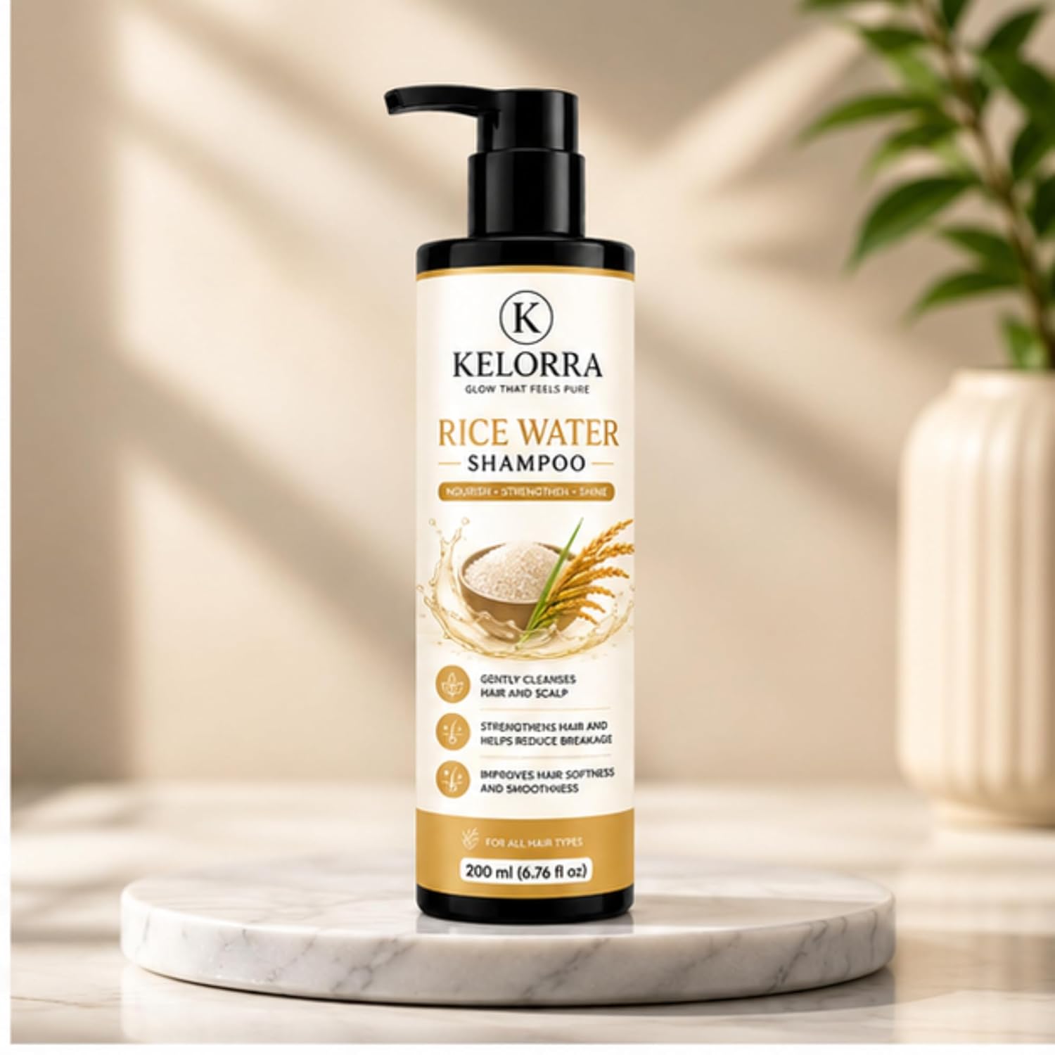 Kelorra Rice Water Shampoo | Daily Hair Cleansing Shampoo with Rice Water | Gentle Hair & Scalp Cleanser | Suitable for All Hair Types | Pump Bottle | 200 ml