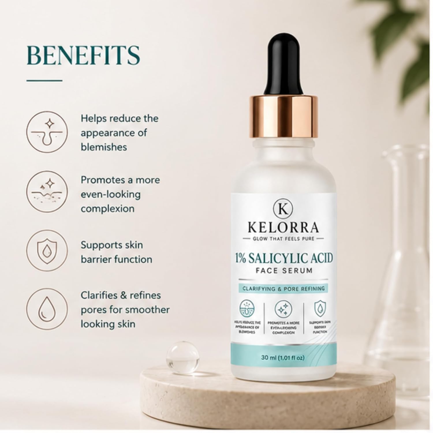 Kelorra 1% Salicylic Acid Face Serum | Clarifying & Pore Refining Serum | Lightweight Daily Skincare Formula | Suitable for Oily, Combination & Acne-Prone Skin | 30 ml