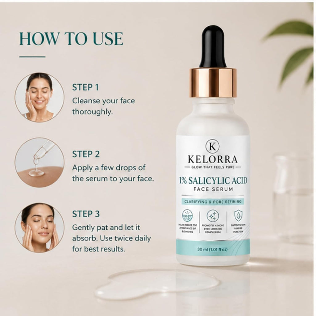 Kelorra 1% Salicylic Acid Face Serum | Clarifying & Pore Refining Serum | Lightweight Daily Skincare Formula | Suitable for Oily, Combination & Acne-Prone Skin | 30 ml