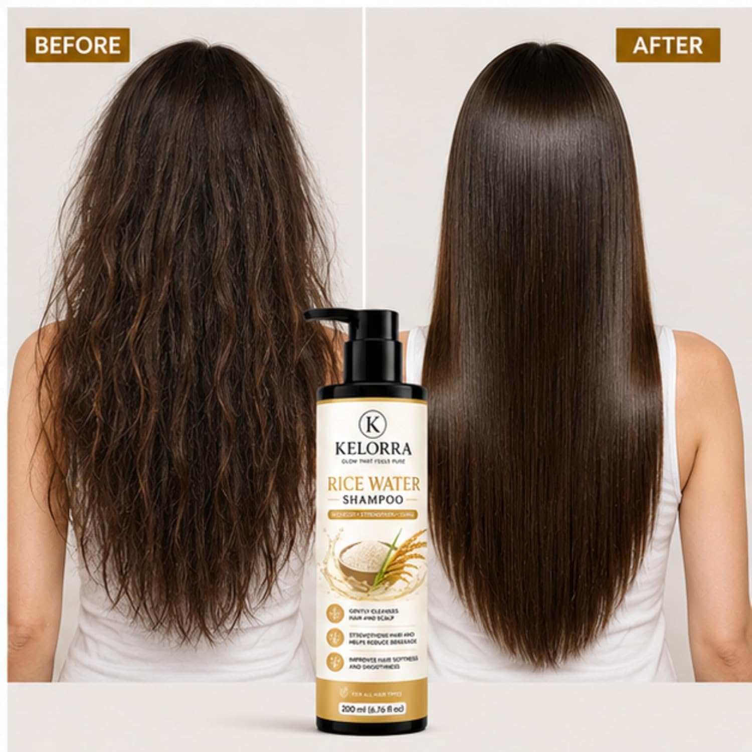 Kelorra Rice Water Shampoo | Daily Hair Cleansing Shampoo with Rice Water | Gentle Hair & Scalp Cleanser | Suitable for All Hair Types | Pump Bottle | 200 ml
