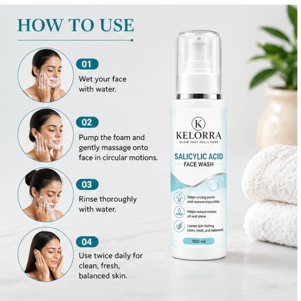Kelorra 1% Salicylic Acid Face Wash | Daily Deep Cleansing Facial Cleanser | Helps Remove Dirt, Oil & Impurities | Refreshing Face Wash for Oily & Combination Skin | 100 ml