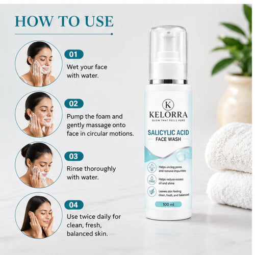 Kelorra 1% Salicylic Acid Face Wash | Daily Deep Cleansing Facial Cleanser | Helps Remove Dirt, Oil & Impurities | Refreshing Face Wash for Oily & Combination Skin | 100 ml