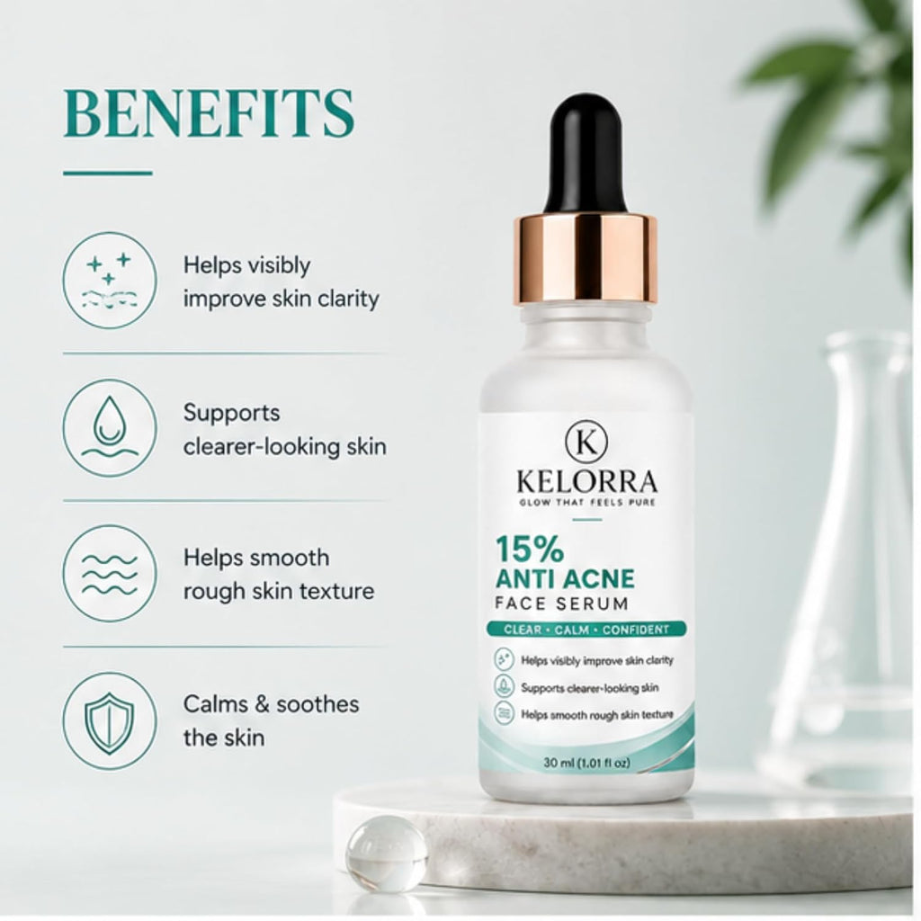 Kelorra 15% Anti Acne Face Serum | Lightweight Daily Skincare Serum | Clear & Calm Facial Care Formula | Suitable for Oily & Acne-Prone Skin | Dropper Bottle | 30 ml