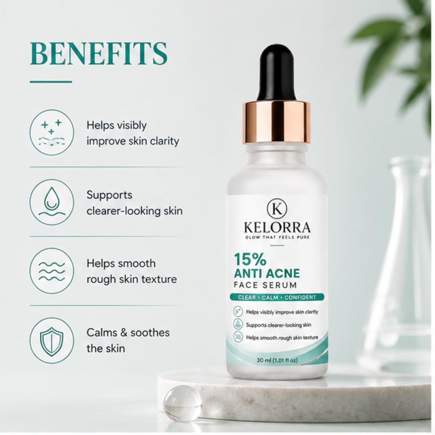 Kelorra 15% Anti Acne Face Serum | Lightweight Daily Skincare Serum | Clear & Calm Facial Care Formula | Suitable for Oily & Acne-Prone Skin | Dropper Bottle | 30 ml