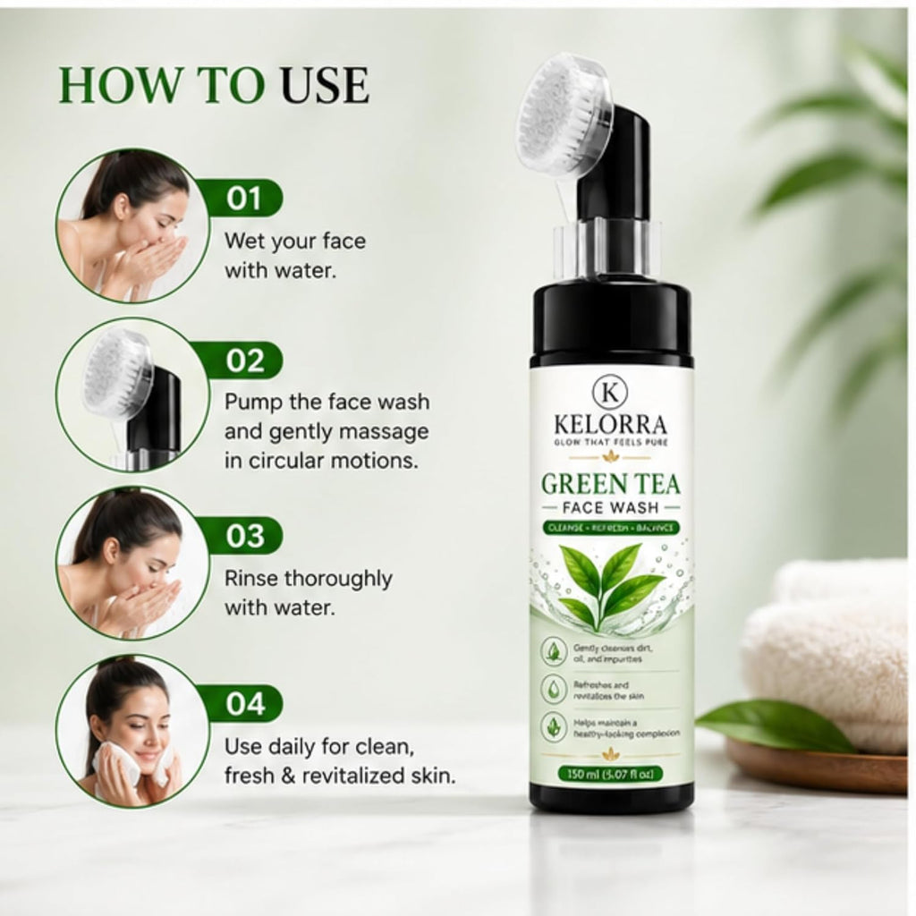 Kelorra Green Tea Face Wash with Soft Silicone Applicator Brush | Daily Facial Cleanser | Refreshing Face Wash for Oily, Combination & Normal Skin | Gentle Cleansing Formula | 150 ml
