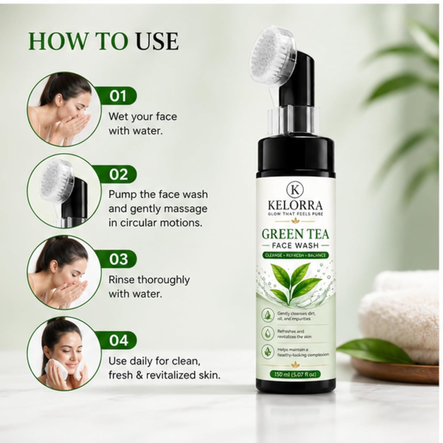 Kelorra Green Tea Face Wash with Soft Silicone Applicator Brush | Daily Facial Cleanser | Refreshing Face Wash for Oily, Combination & Normal Skin | Gentle Cleansing Formula | 150 ml