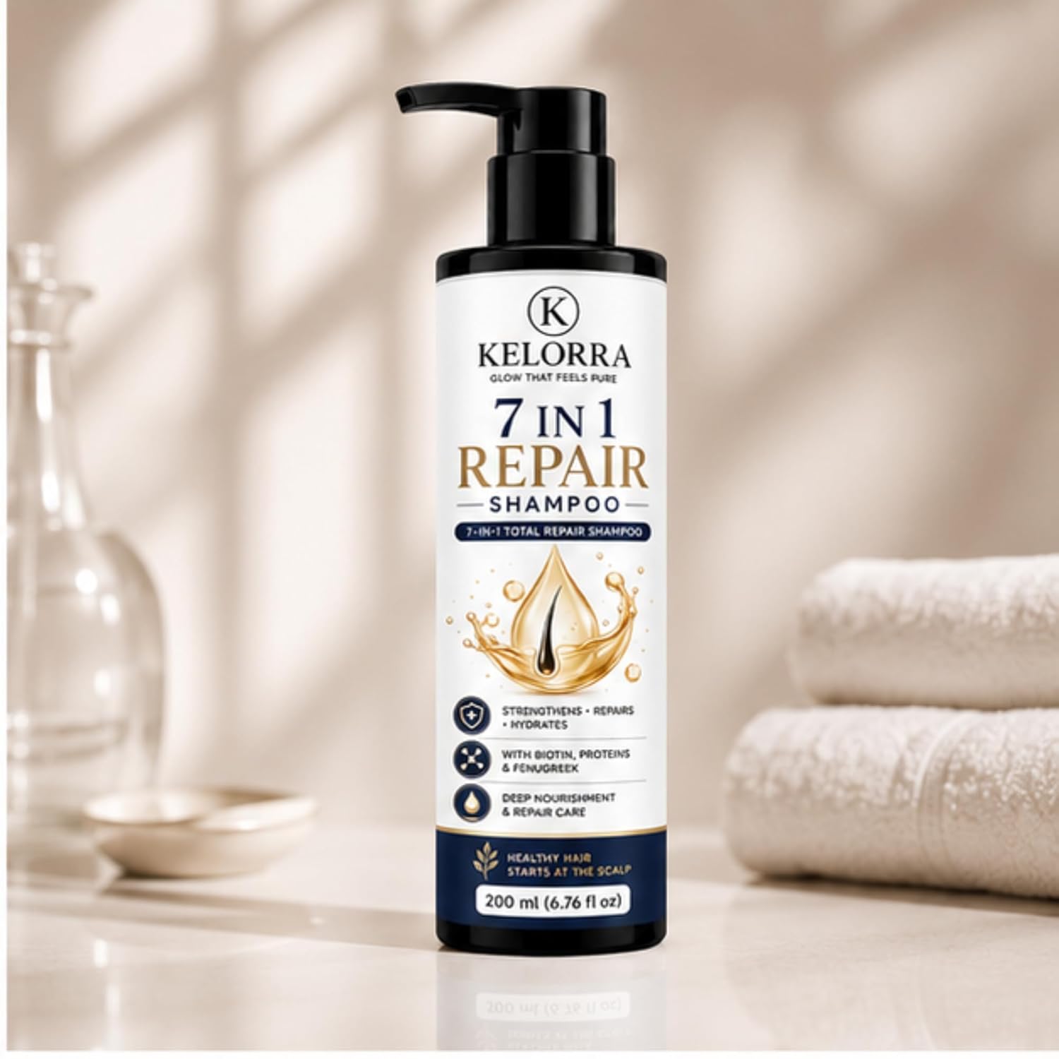 Kelorra 7 in 1 Repair Shampoo with Biotin, Proteins & Fenugreek | Daily Hair Cleansing Shampoo | Suitable for All Hair Types | Pump Bottle | 200 ml
