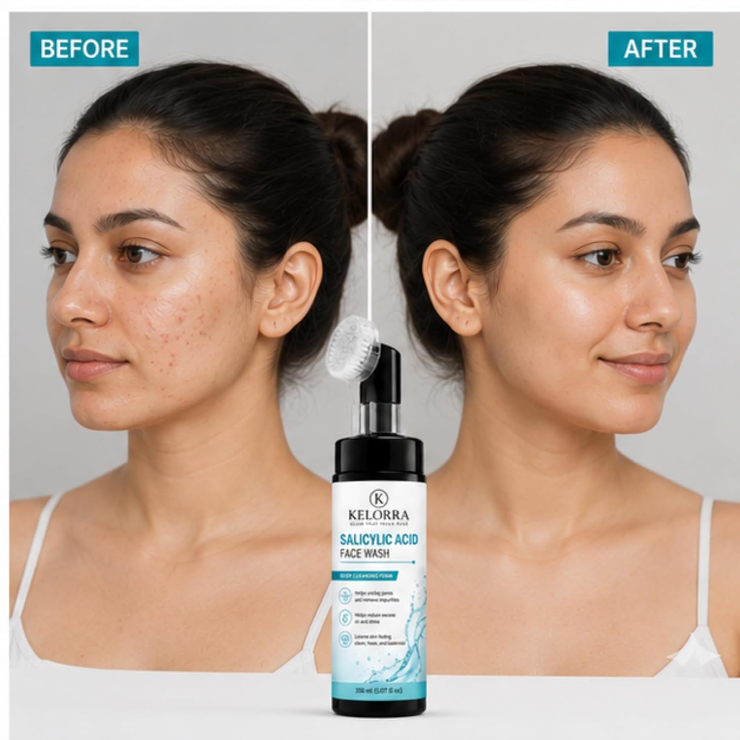 Kelorra 1% Salicylic Acid Face Wash with Soft Silicone Applicator Brush | Deep Cleansing Foam Face Wash | Daily Facial Cleanser for Oily & Combination Skin | 150 ml