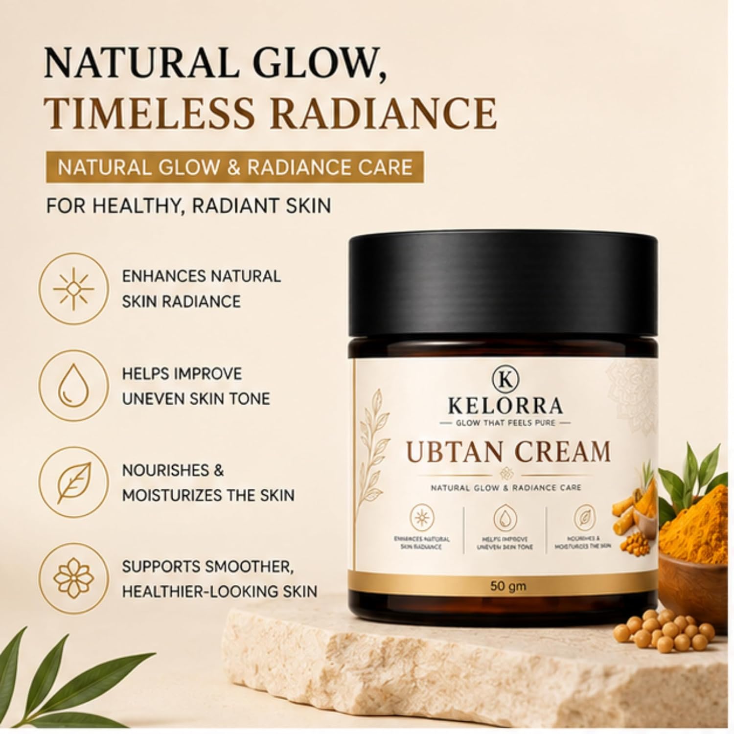Kelorra Ubtan Cream | Daily Moisturizing Face Cream for Natural Glow & Radiance Care | Lightweight Nourishing Cream for All Skin Types | Hydrating & Smooth Skin Care Formula | 50 gm