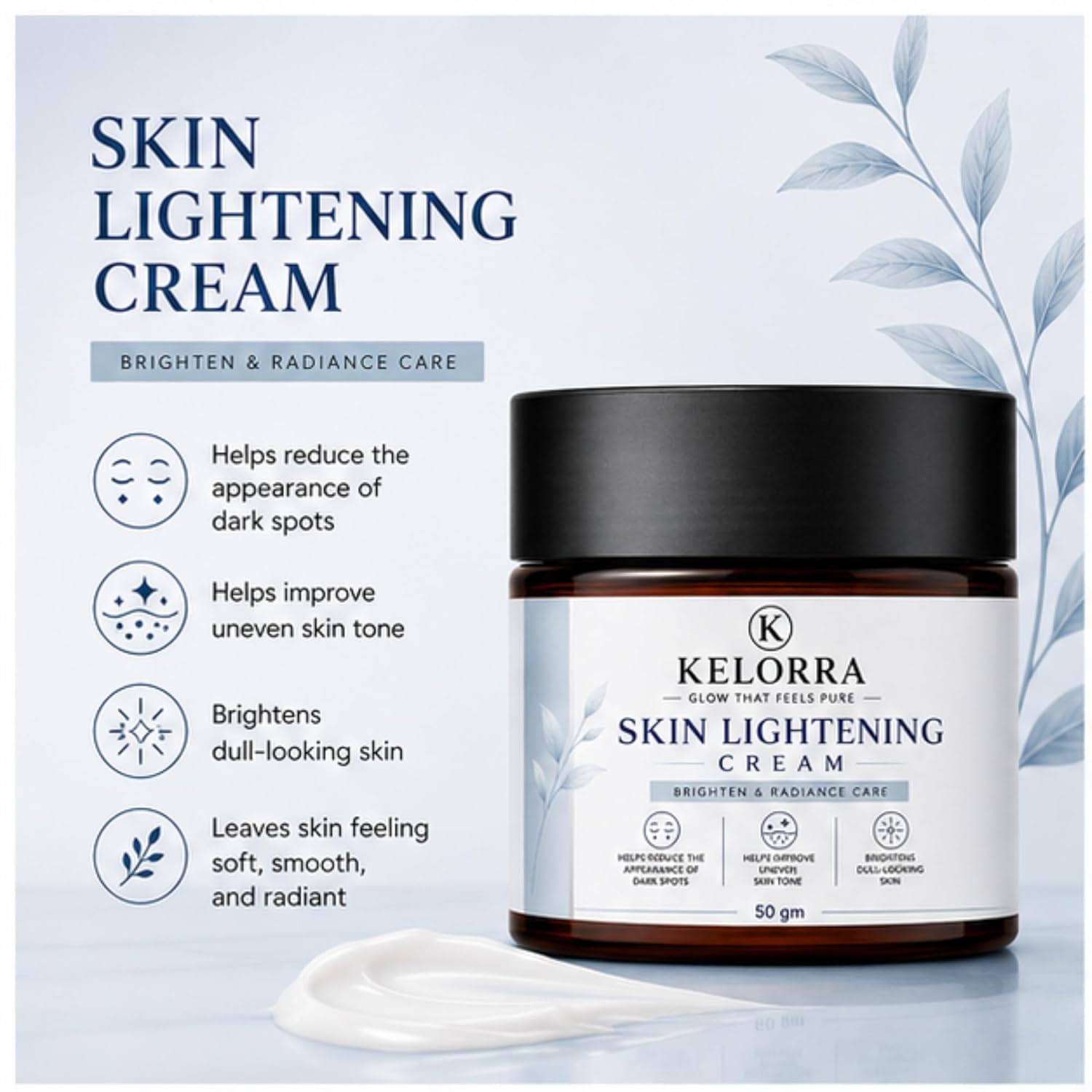 Kelorra Skin Lightening Cream | Daily Moisturizing Face Cream for Uneven Skin Tone | Brightening & Radiance Care Cream | Lightweight Hydrating Formula | For All Skin Types | 50 gm