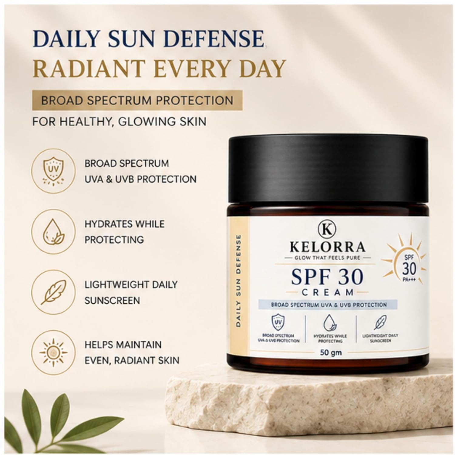 Kelorra SPF 30 Cream PA+++ | Broad Spectrum UVA & UVB Protection Cream | Lightweight Daily Sun Defense Moisturizing | Hydrating Formula for All Skin Types | 50 gm