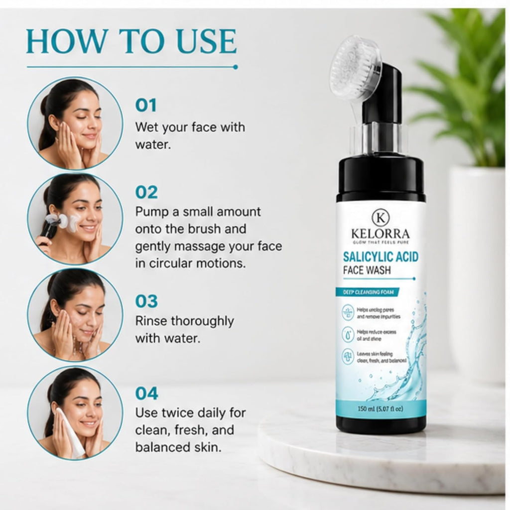 Kelorra 1% Salicylic Acid Face Wash with Soft Silicone Applicator Brush | Deep Cleansing Foam Face Wash | Daily Facial Cleanser for Oily & Combination Skin | 150 ml