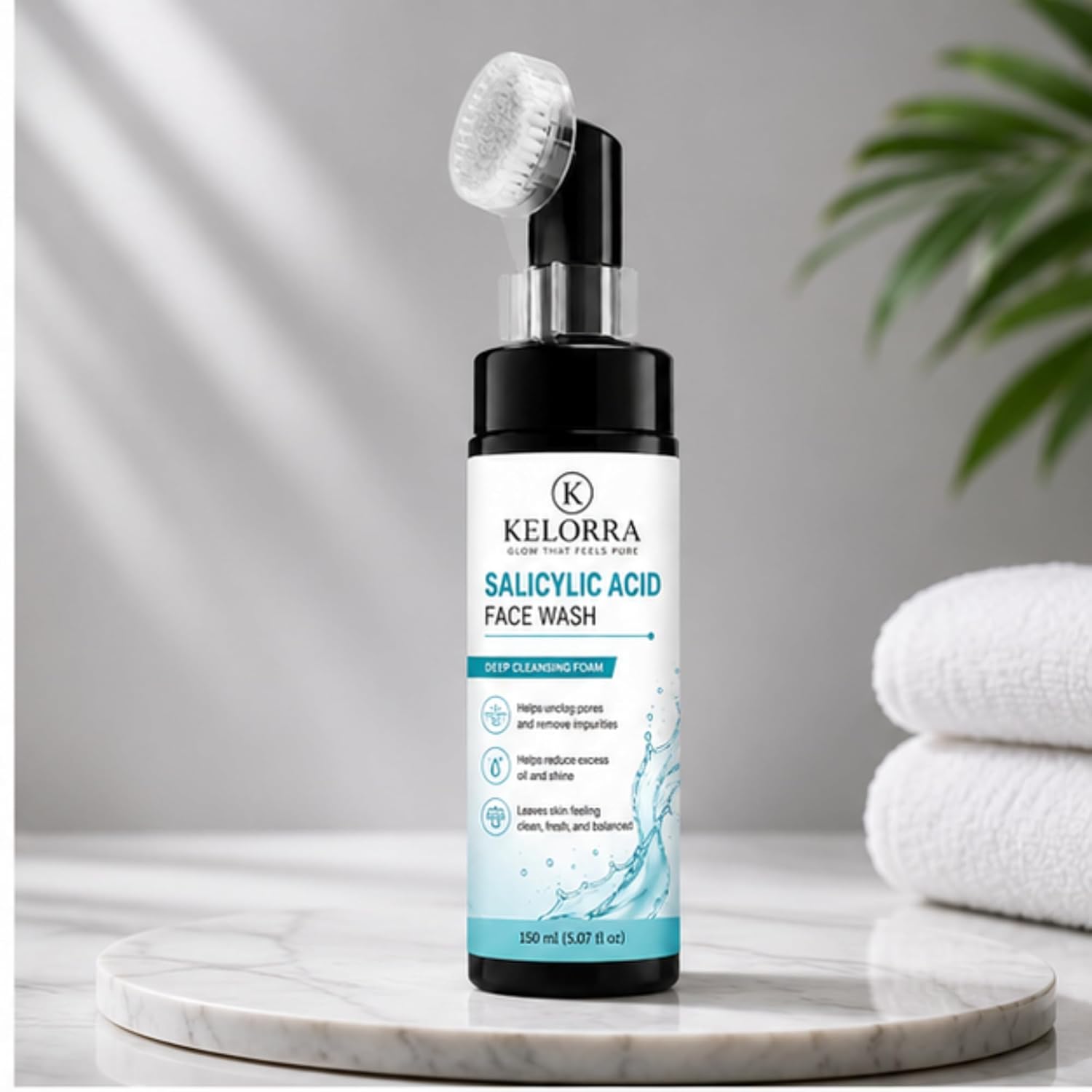 Kelorra 1% Salicylic Acid Face Wash with Soft Silicone Applicator Brush | Deep Cleansing Foam Face Wash | Daily Facial Cleanser for Oily & Combination Skin | 150 ml