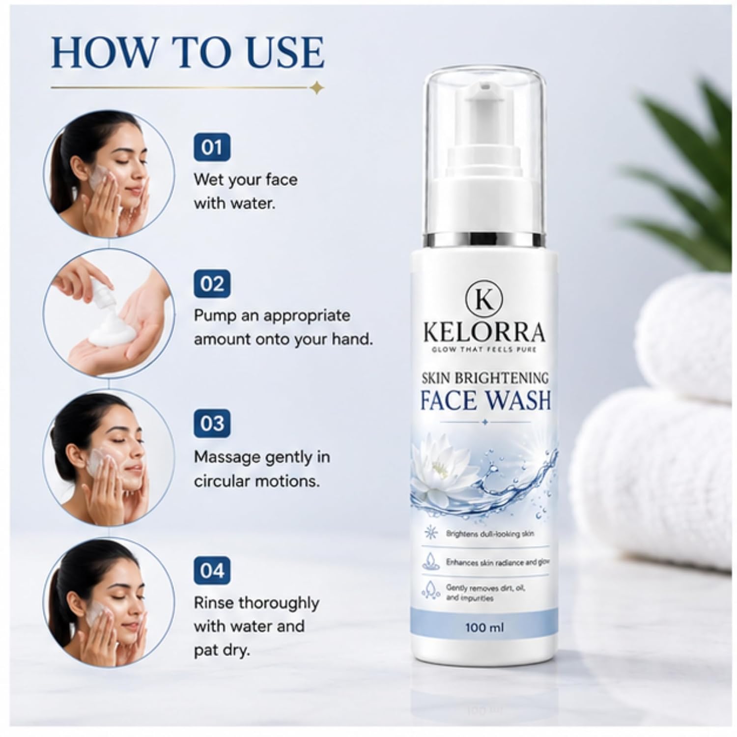 Kelorra Skin Brightening Face Wash | Daily Facial Cleanser for Dull-Looking Skin | Gentle Deep Cleansing Face Wash | Removes Dirt, Oil & Impurities | Refreshing Face Care for All Skin Types | 100 ml