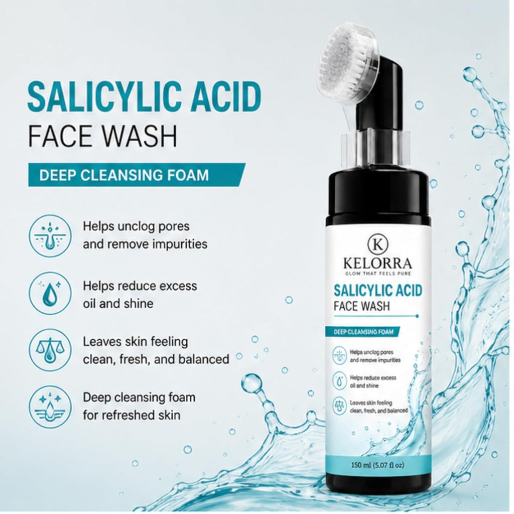 Kelorra 1% Salicylic Acid Face Wash with Soft Silicone Applicator Brush | Deep Cleansing Foam Face Wash | Daily Facial Cleanser for Oily & Combination Skin | 150 ml