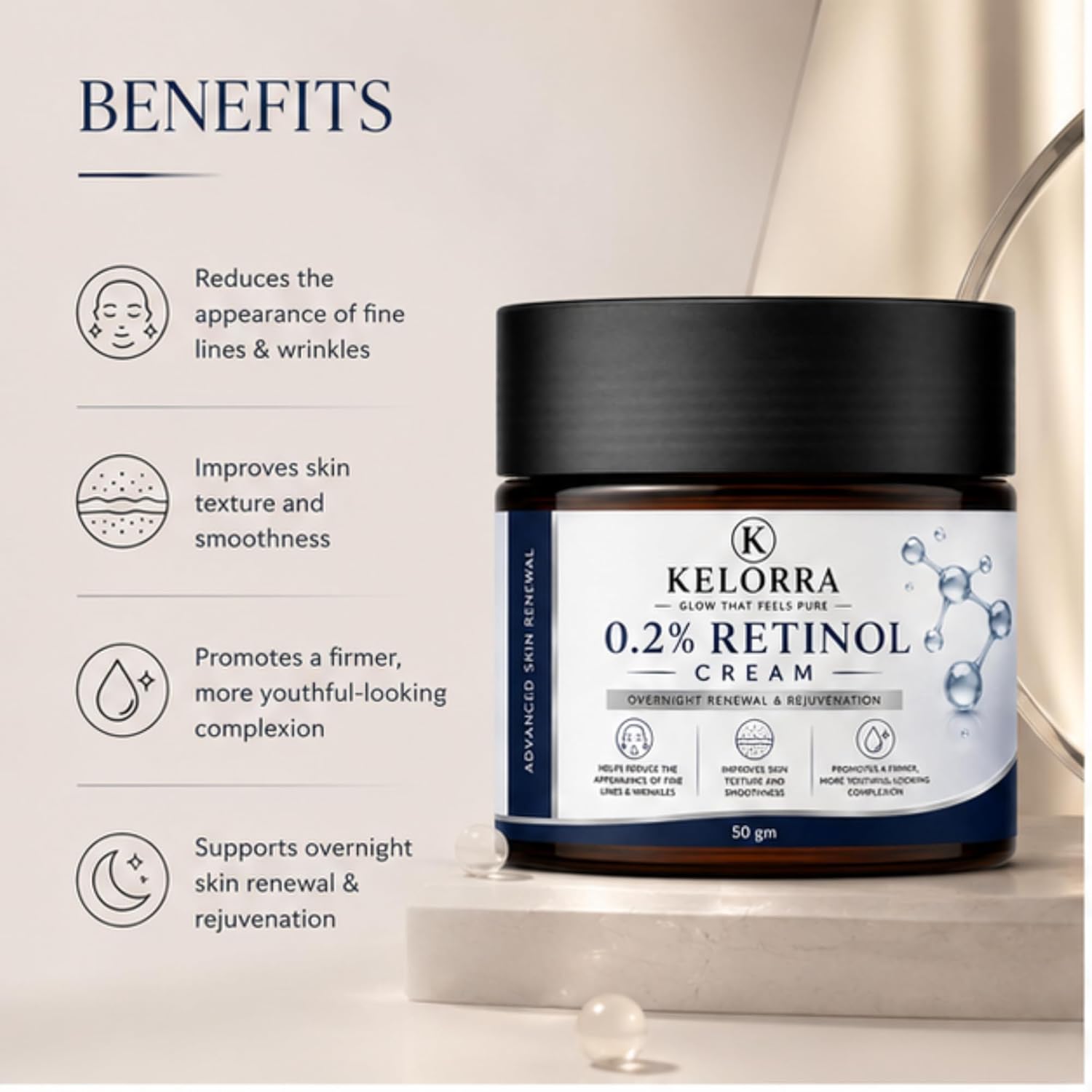 Kelorra 0.2% Retinol Cream | Overnight Face Cream for Daily Nighttime Skincare Routine | Lightweight Moisturizing Formula | Suitable for All Skin Types | 50 gm
