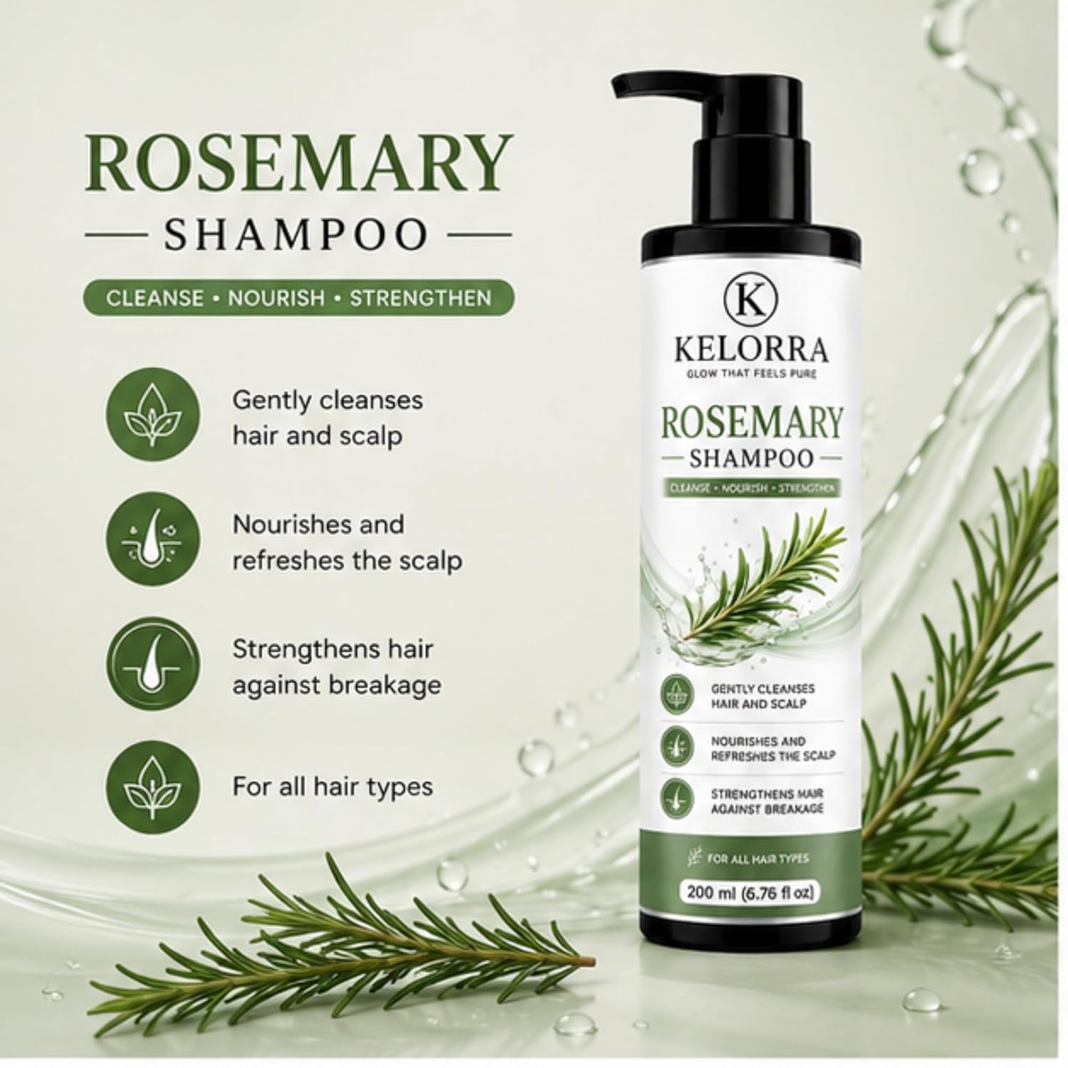 Kelorra Rosemary Shampoo | Daily Hair Cleansing Shampoo with Rosemary | Refreshing Hair & Scalp Care Formula | Suitable for All Hair Types | Pump Bottle | 200 ml