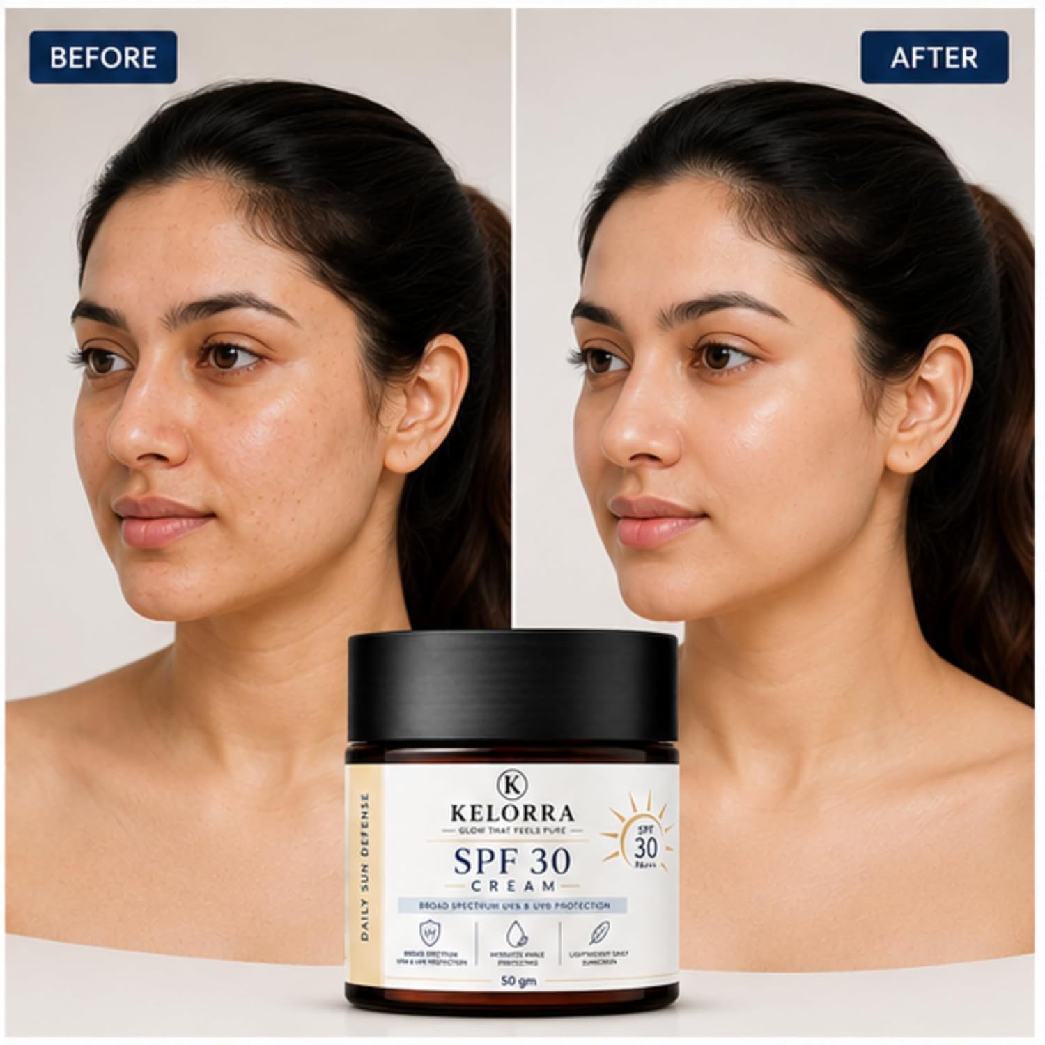 Kelorra SPF 30 Cream PA+++ | Broad Spectrum UVA & UVB Protection Cream | Lightweight Daily Sun Defense Moisturizing | Hydrating Formula for All Skin Types | 50 gm