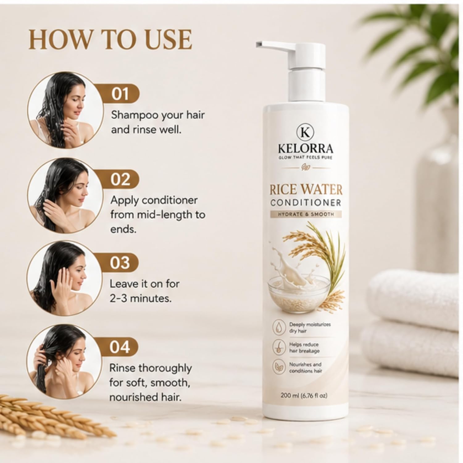 Kelorra Rice Water Conditioner | Daily Hair Conditioner for Smooth & Manageable Hair | Lightweight Conditioning Formula | Suitable for All Hair Types | Pump Bottle | 200 ml