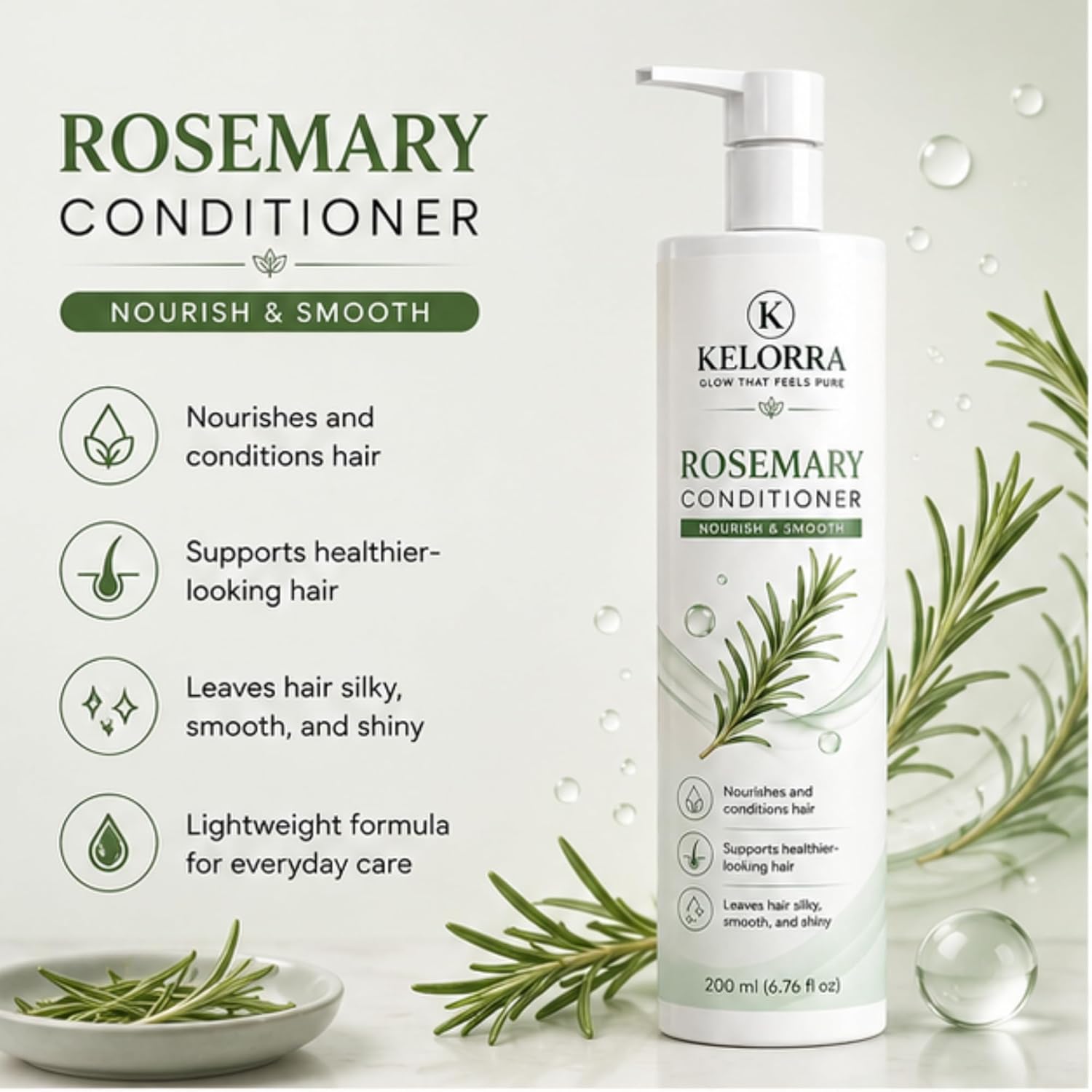 Kelorra Rosemary Conditioner | Daily Hair Conditioner with Rosemary | Smooth & Manageable Hair Care Formula | Suitable for All Hair Types | Lightweight Conditioning Formula | Pump Bottle | 200 ml