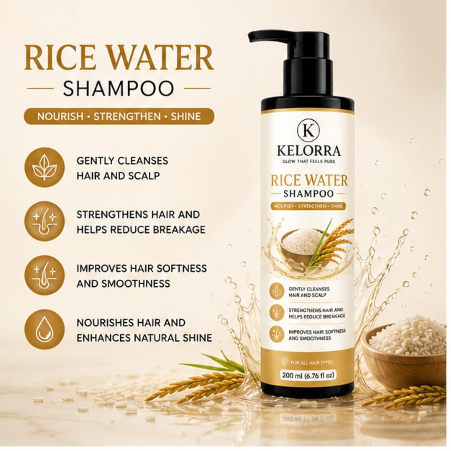 Kelorra Rice Water Shampoo | Daily Hair Cleansing Shampoo with Rice Water | Gentle Hair & Scalp Cleanser | Suitable for All Hair Types | Pump Bottle | 200 ml
