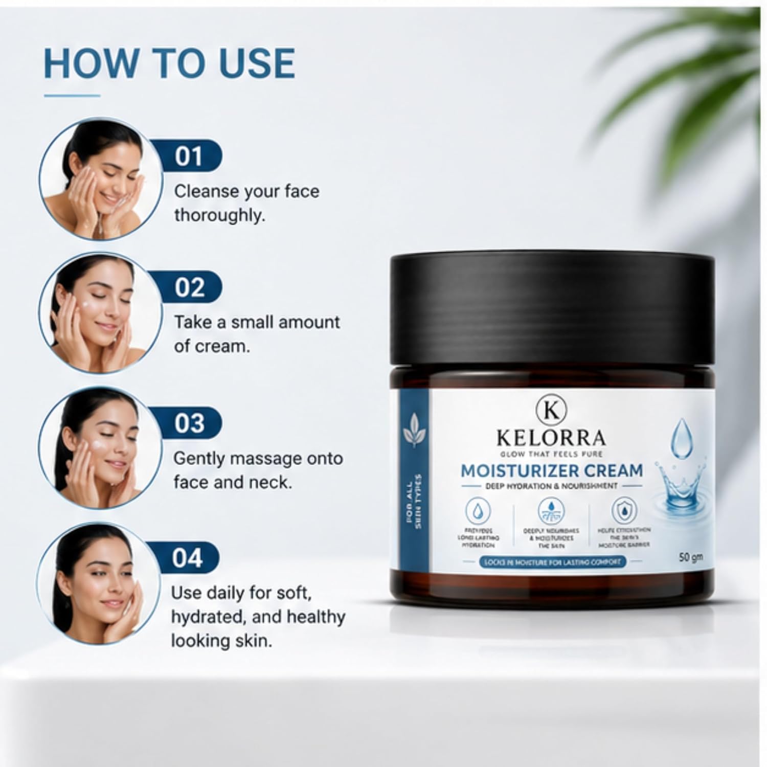 Kelorra Moisturizer Cream | Daily Face Moisturizing Cream for All Skin Types | Lightweight Hydration Cream | Smooth & Non-Greasy Formula | Face Care Cream | 50 gm