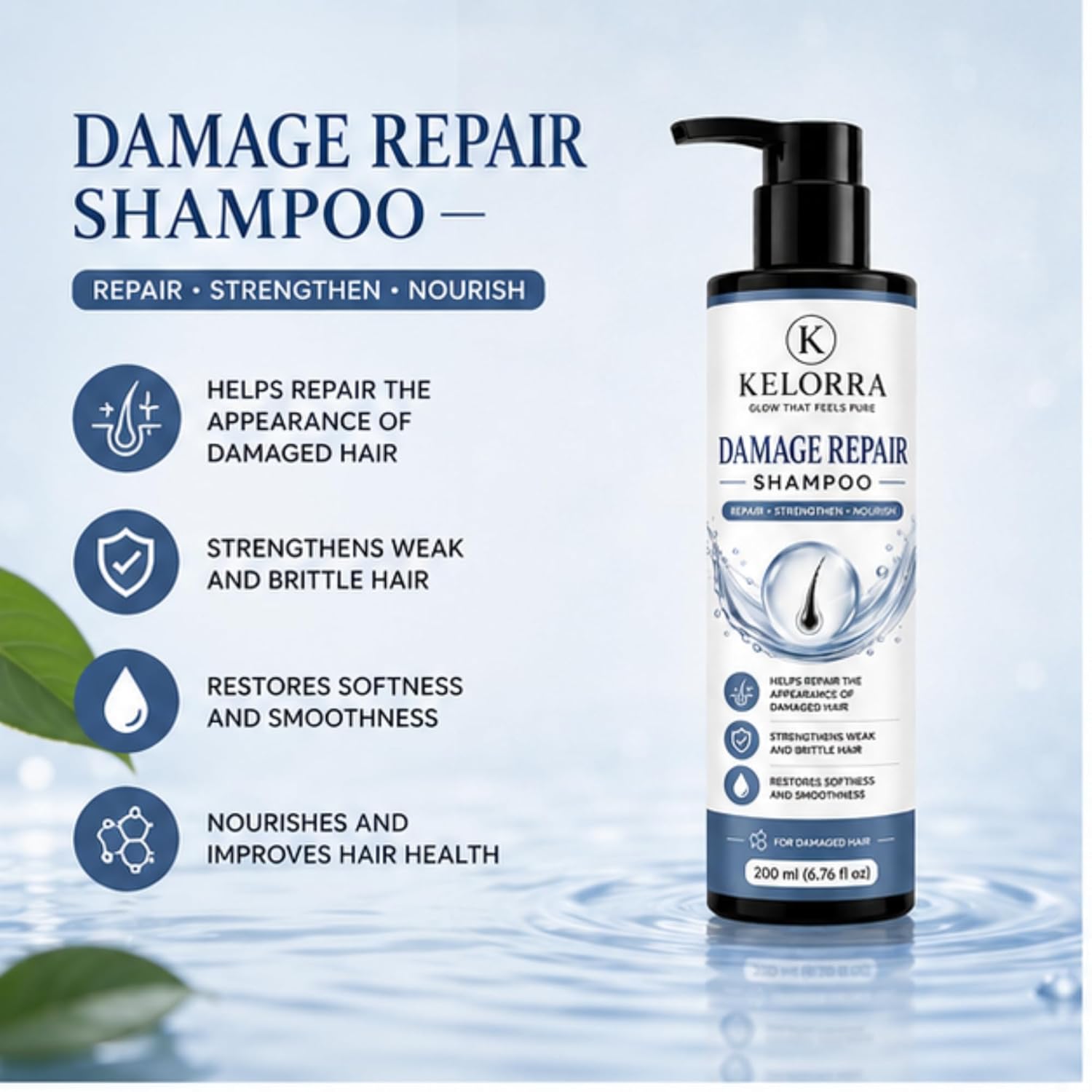 Kelorra Damage Repair Shampoo | Daily Hair Cleansing Shampoo for Damaged Hair | Lightweight Nourishing Formula | Suitable for All Hair Types | Pump Bottle | 200 ml