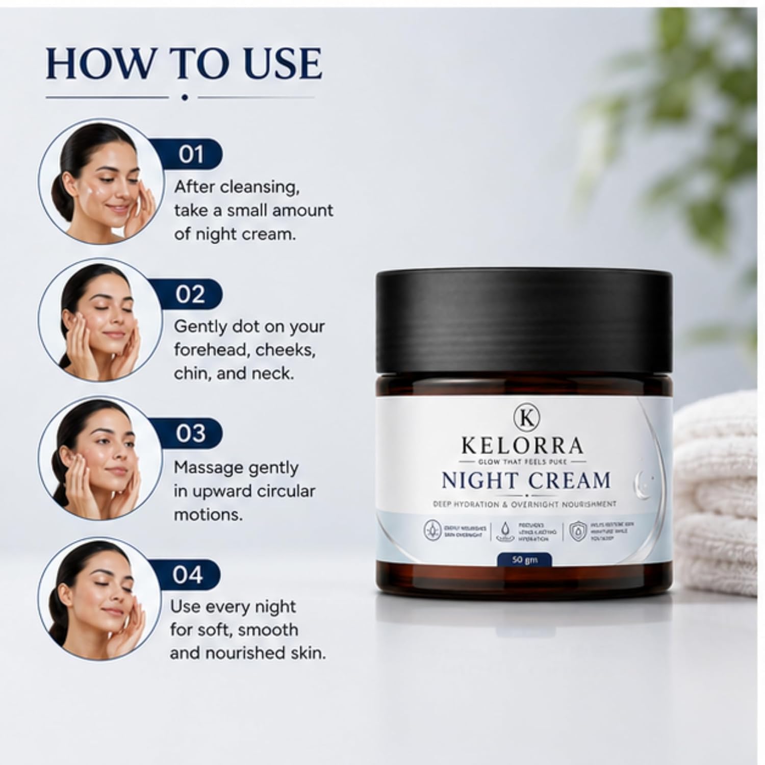 Kelorra Night Cream | Overnight Facial Moisturizer for Daily Skincare | Lightweight Nourishing Face Cream | Suitable for All Skin Types | Night Care Cream | 50 gm