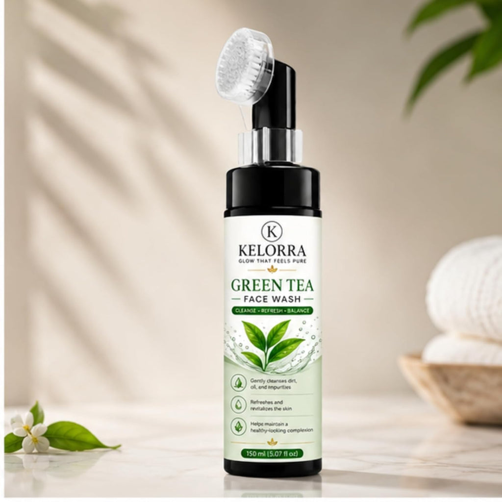 Kelorra Green Tea Face Wash with Soft Silicone Applicator Brush | Daily Facial Cleanser | Refreshing Face Wash for Oily, Combination & Normal Skin | Gentle Cleansing Formula | 150 ml