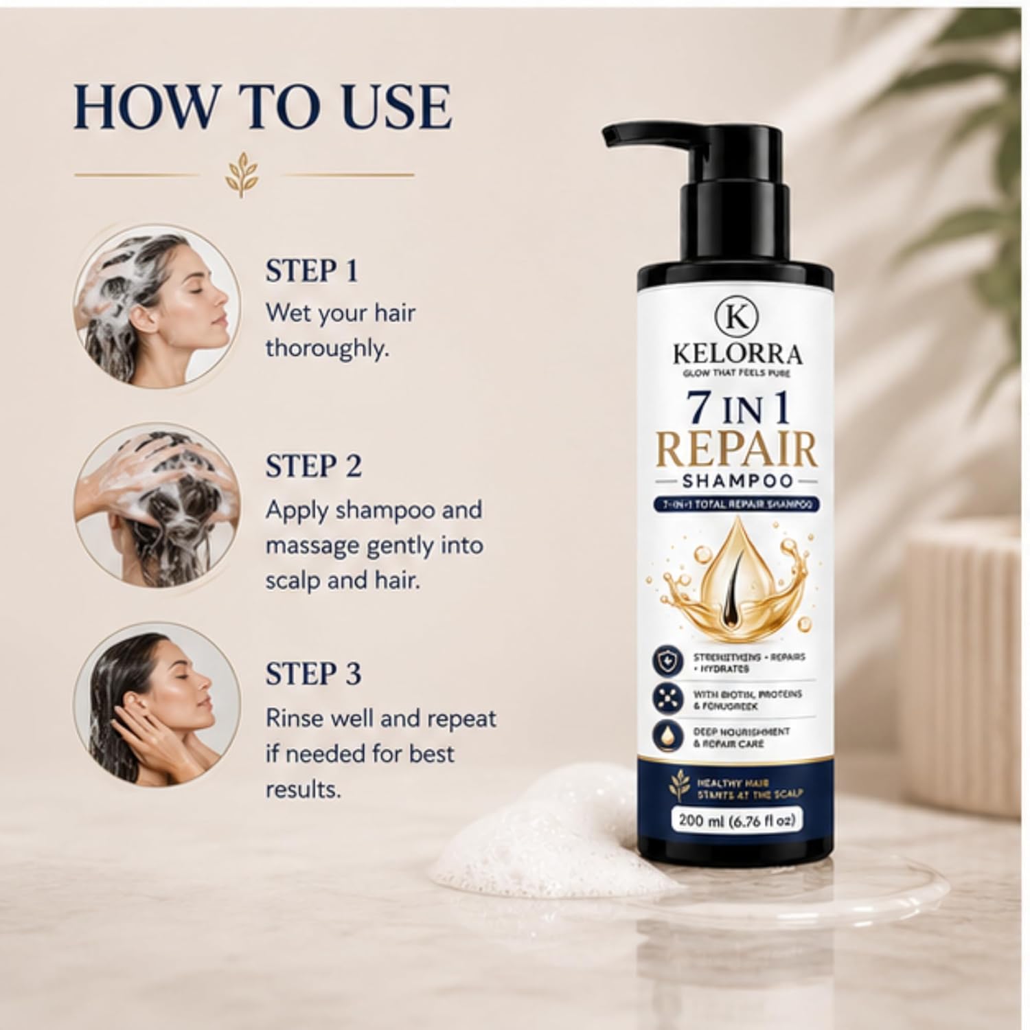 Kelorra 7 in 1 Repair Shampoo with Biotin, Proteins & Fenugreek | Daily Hair Cleansing Shampoo | Suitable for All Hair Types | Pump Bottle | 200 ml