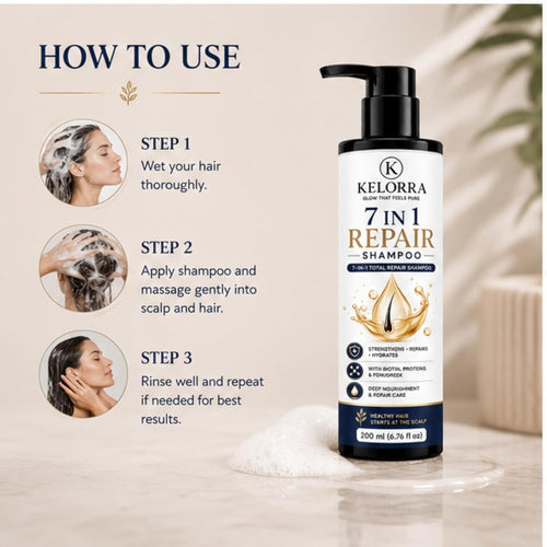 Kelorra 7 in 1 Repair Shampoo with Biotin, Proteins & Fenugreek | Daily Hair Cleansing Shampoo | Suitable for All Hair Types | Pump Bottle | 200 ml